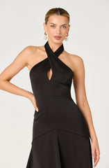 Satin Crossover Halter Midi Dress