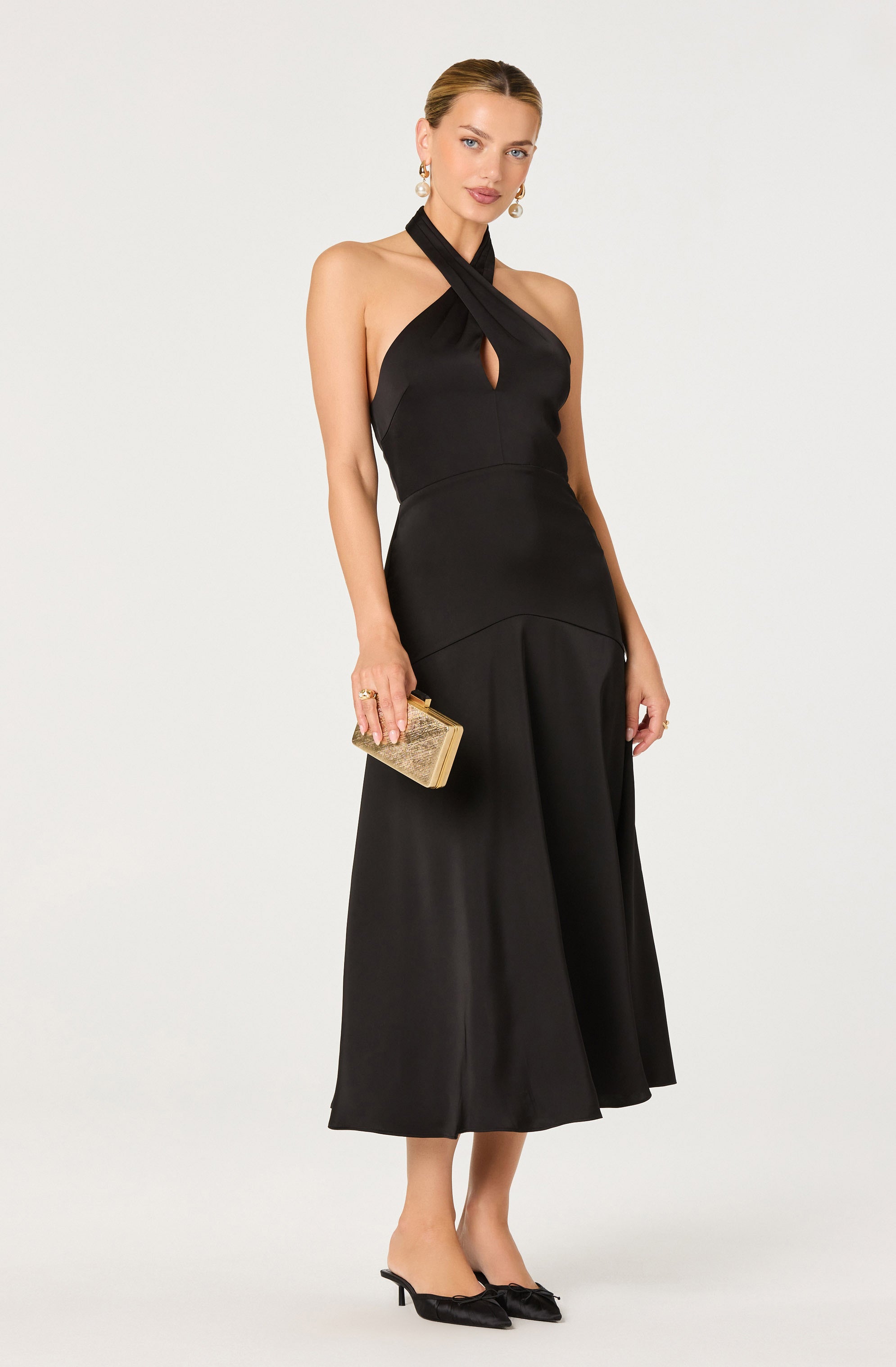 Satin Crossover Halter Midi Dress