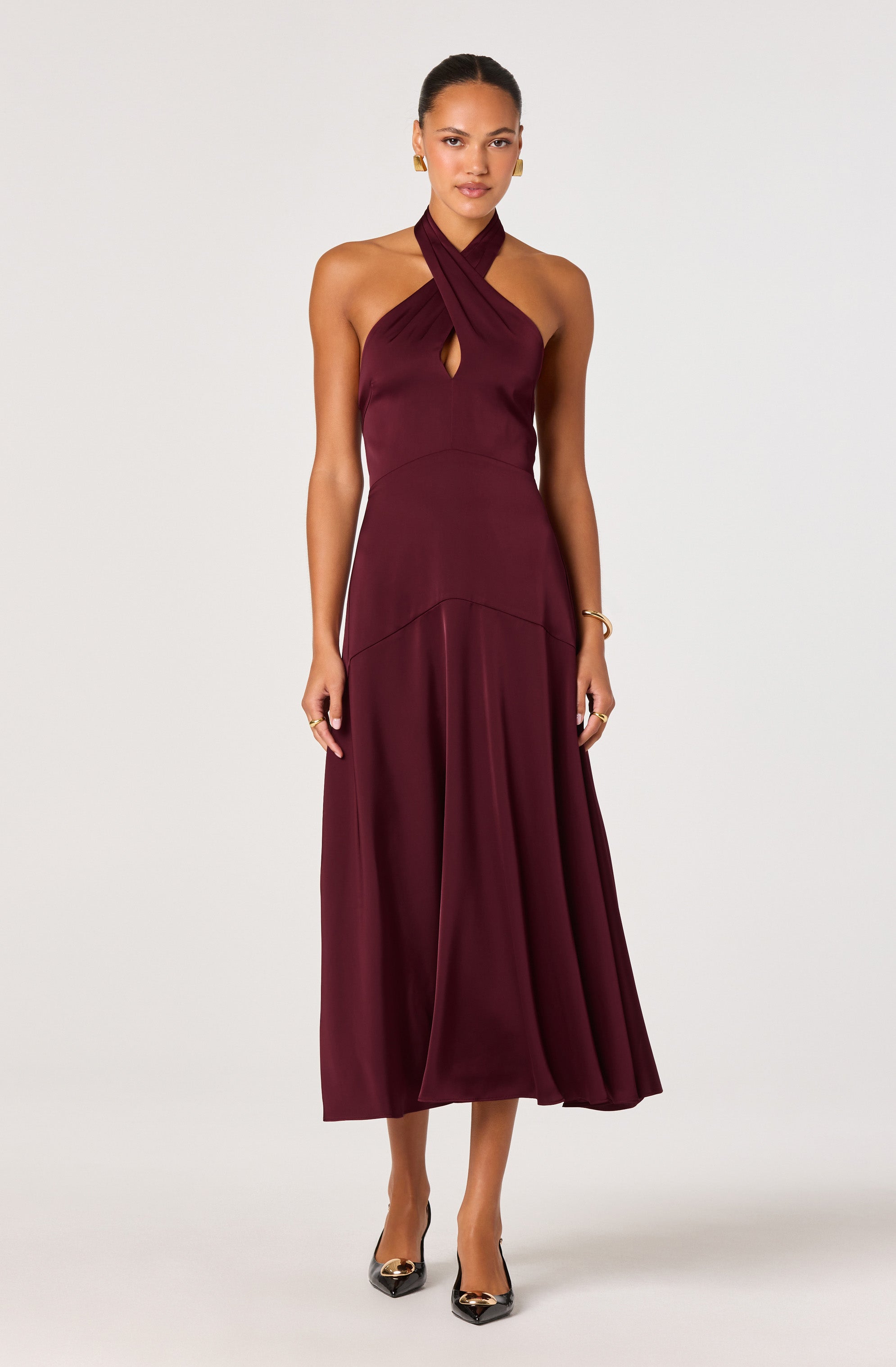 Satin Crossover Halter Midi Dress