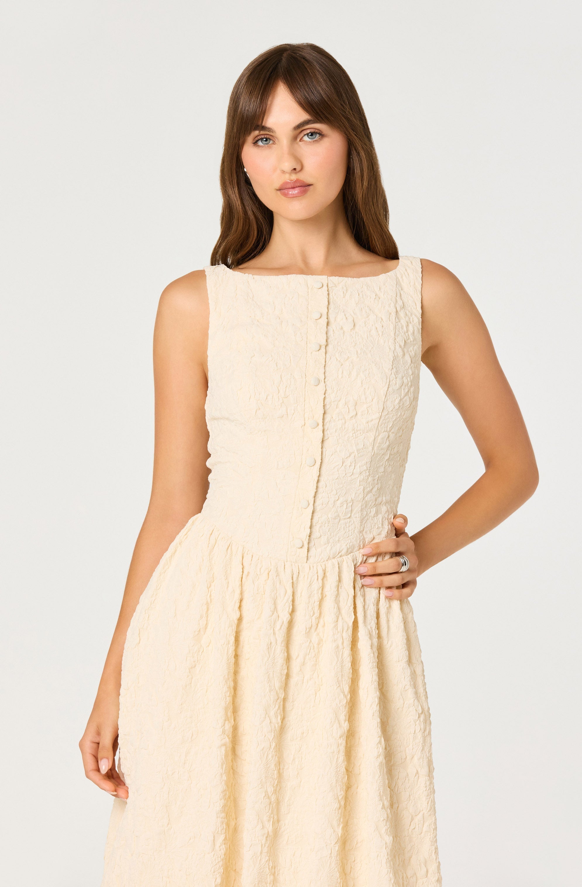 Button Front Boat Neck Dress