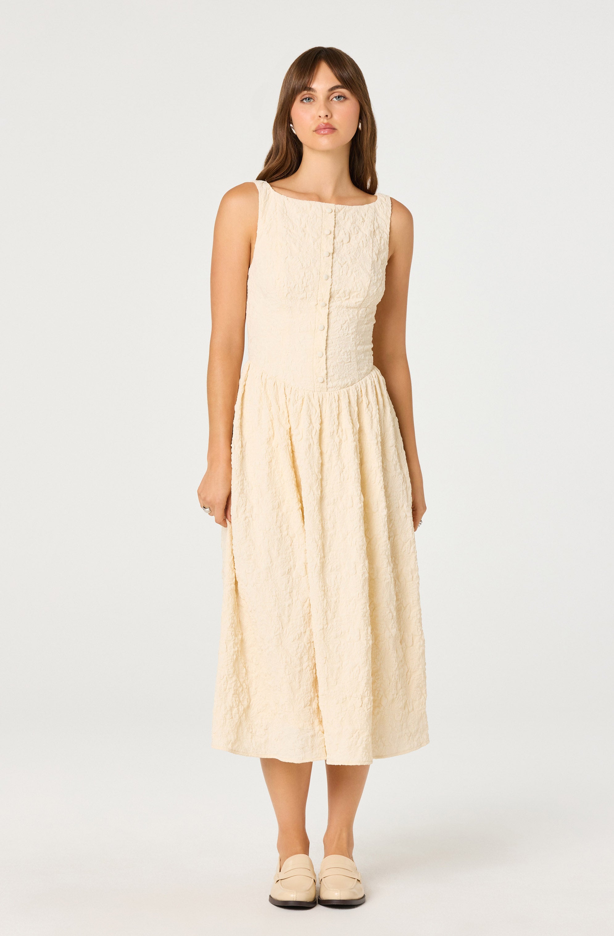 Button Front Boat Neck Dress