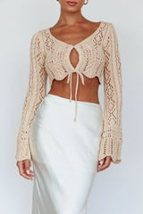 Maycie Long Sleeve Crochet Crop Top Beige