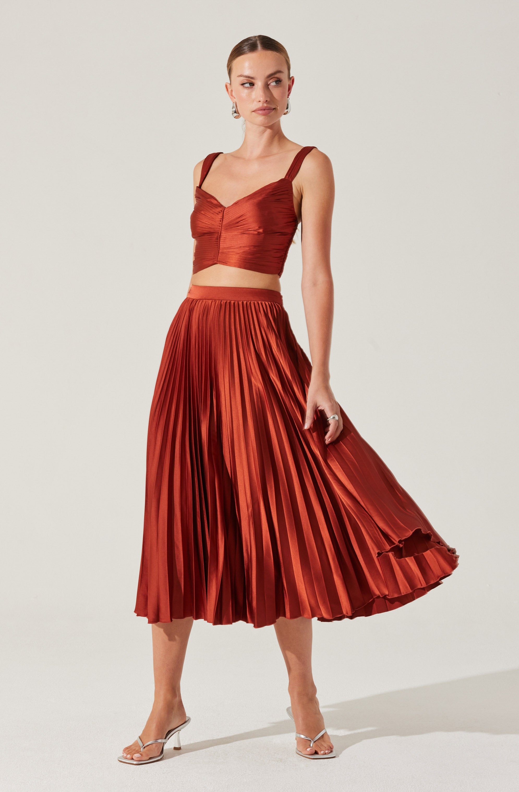 Pleated Satin Midi Skirt
