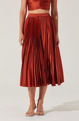 Pleated Satin Midi Skirt