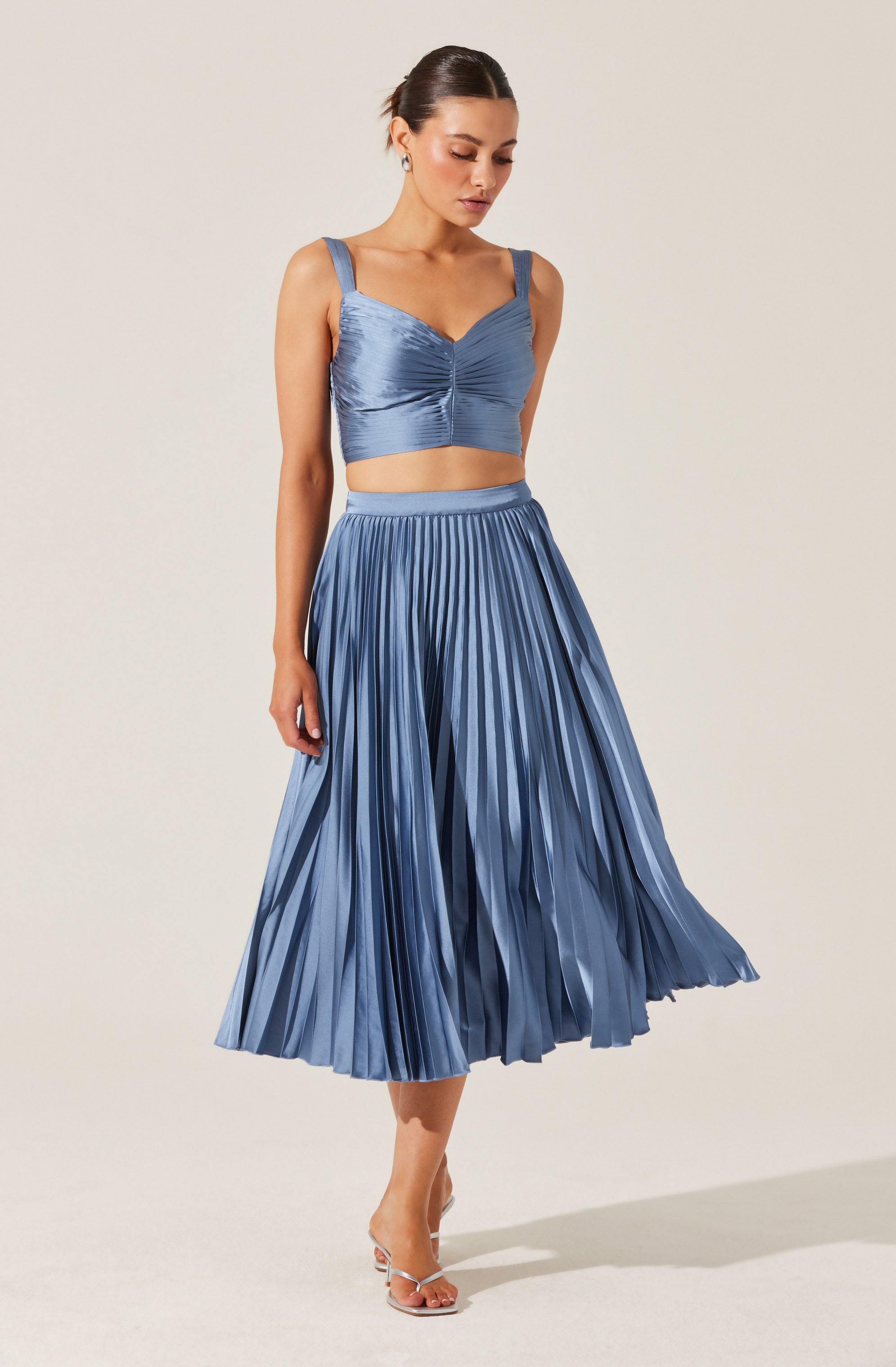 Pleated Satin Midi Skirt