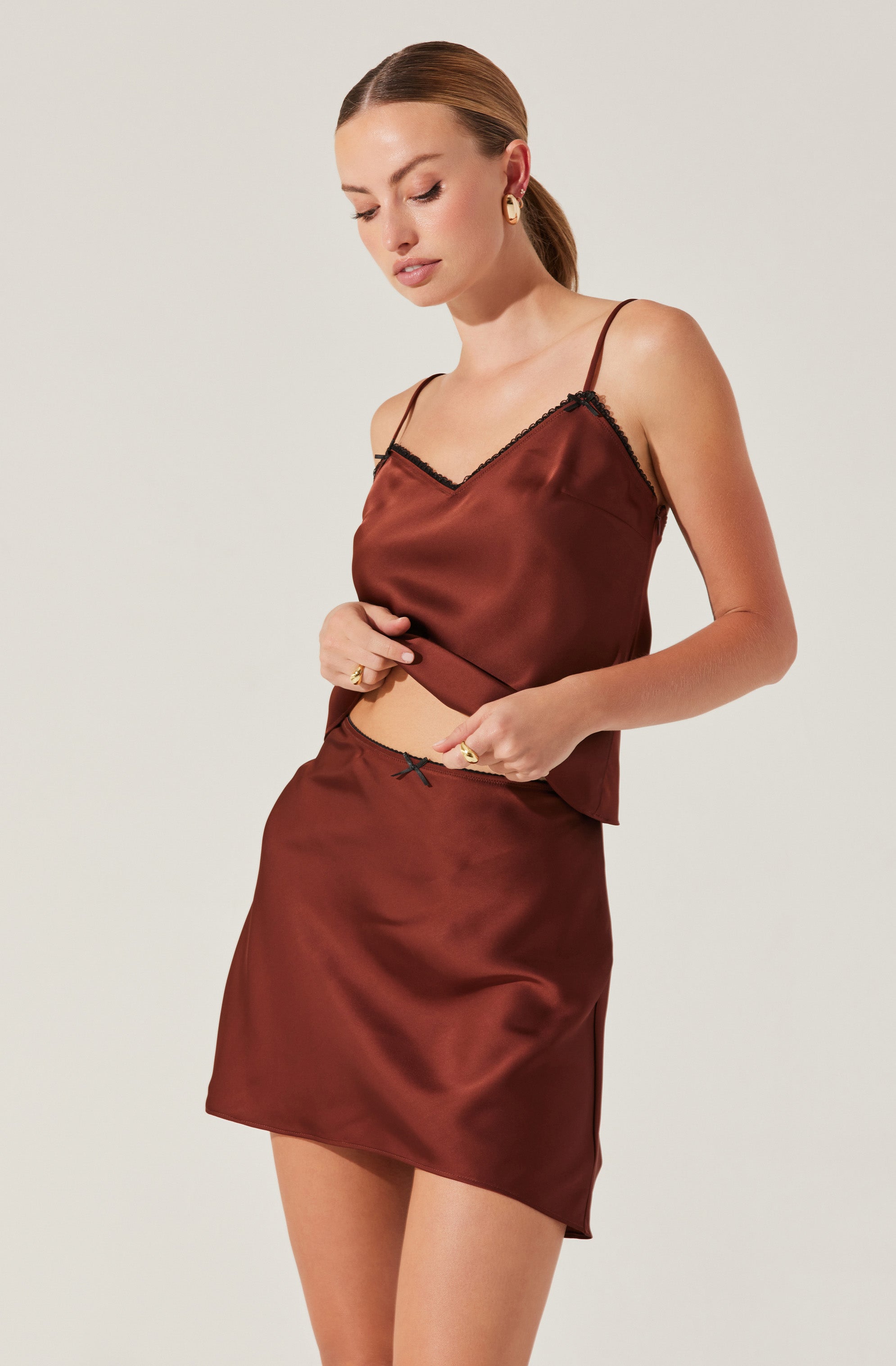 Satin Lace Trim Mini Skirt