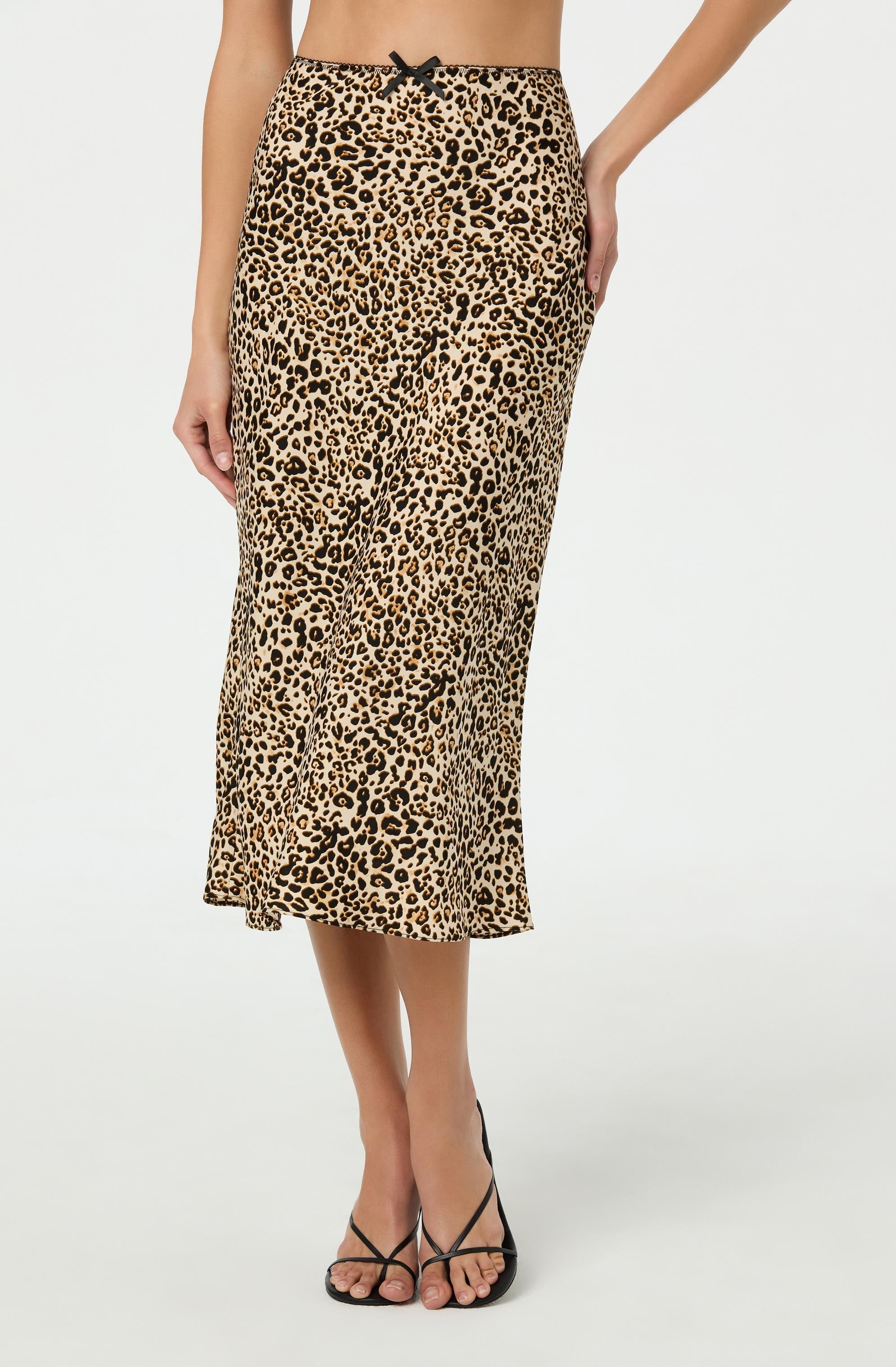 Satin Leopard Print Midi Skirt