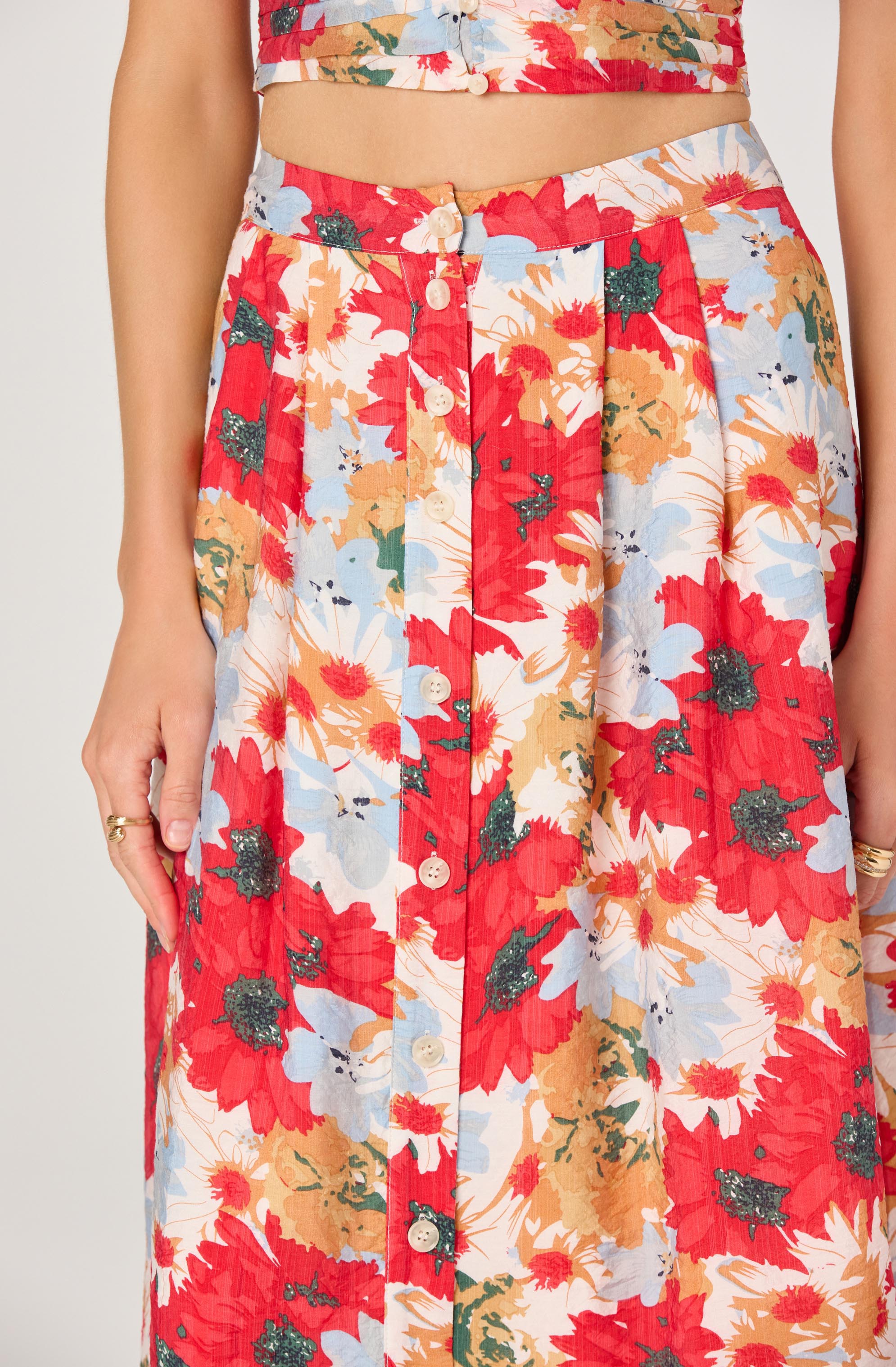 Button Front Pleated Midi Skirt