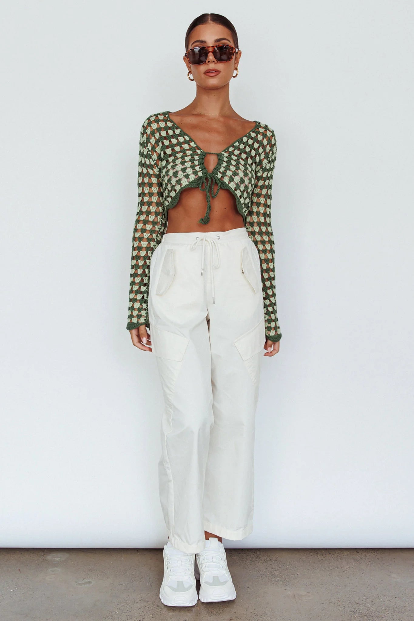 Maycie Long Sleeve Crochet Crop Top Green Multi