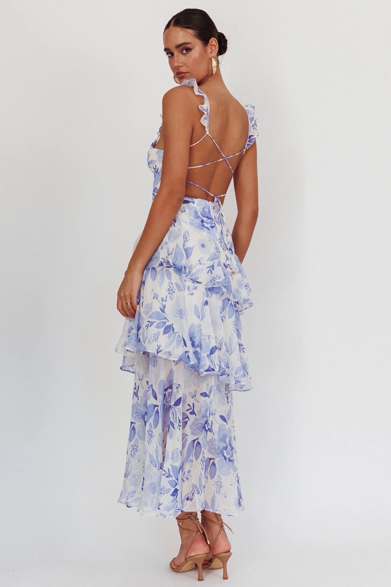 Veda Strappy Back Ruffle Maxi Dress Flowers Blue