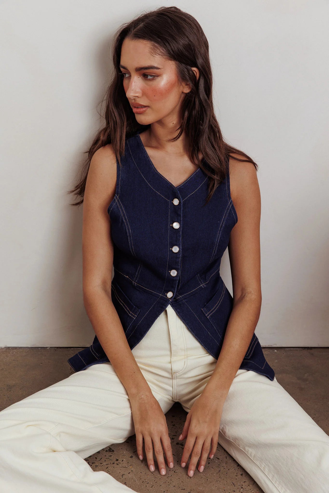 Philomena Button Front Pocket Vest Top Denim