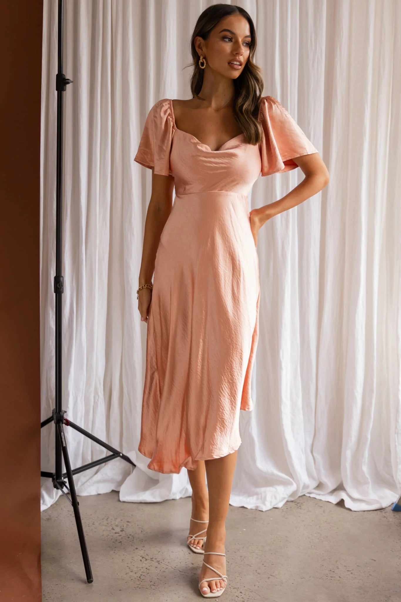 Grayson Tied Back Asymmetrical Midi Dress Peach