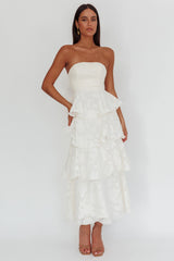 Giavana Strapless Layered Midi Dress Floral Embossed Cream