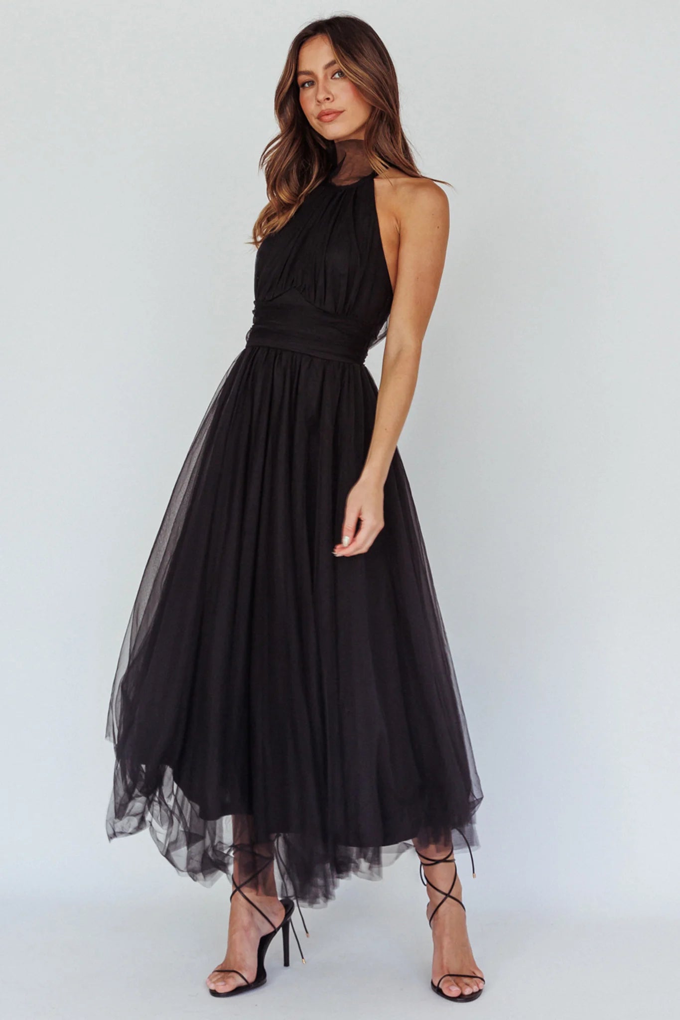 Andria Halterneck Tulle Midi Dress Black