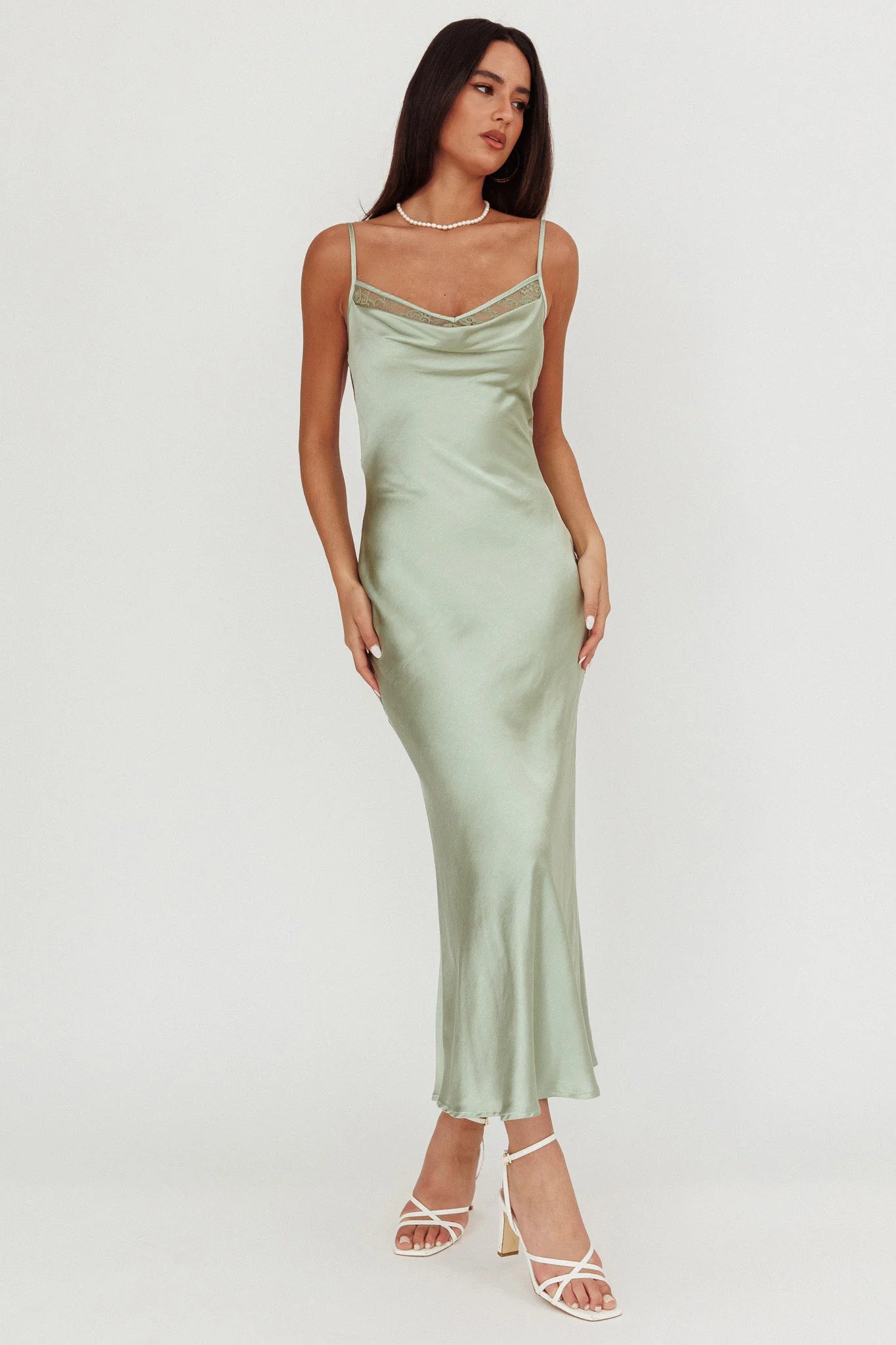 Gentle Touch Cowl Neck Satin Maxi Dress Sage