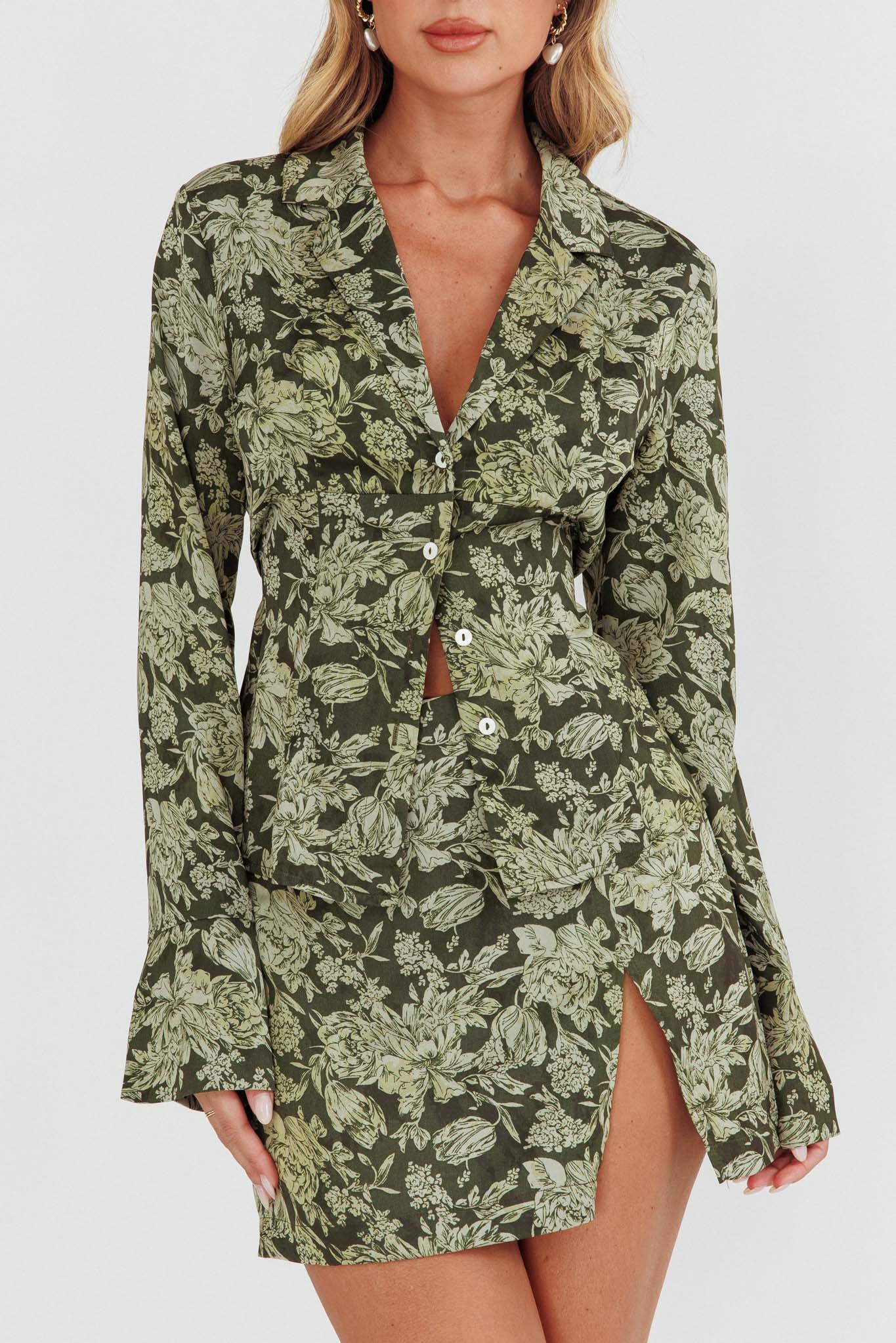 Caledonia Collared Button-Up Satin Shirt Floral Olive