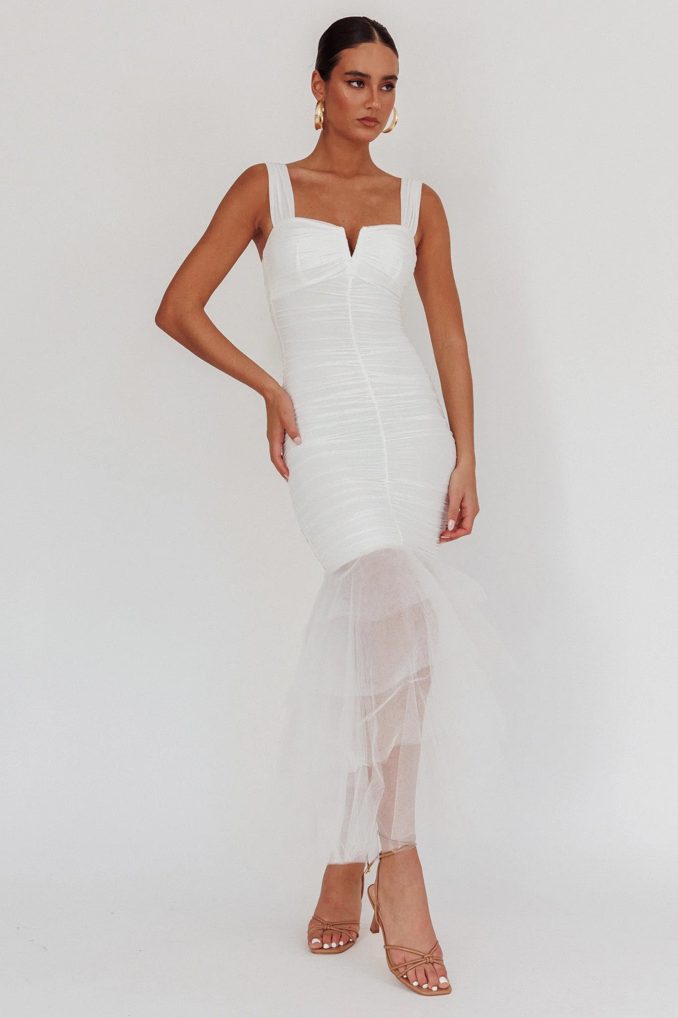 Nadia Tulle Hem Ruched Maxi Dress White
