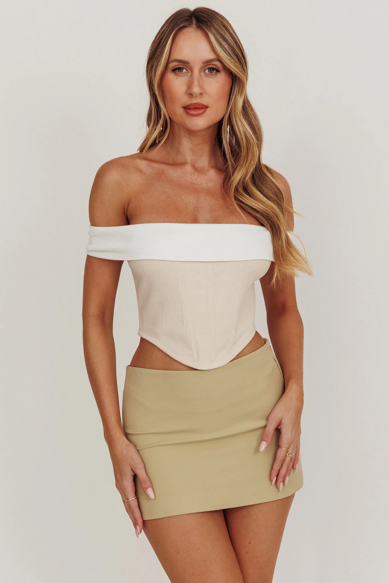 Spill The Tea Off-Shoulder Top Beige/White