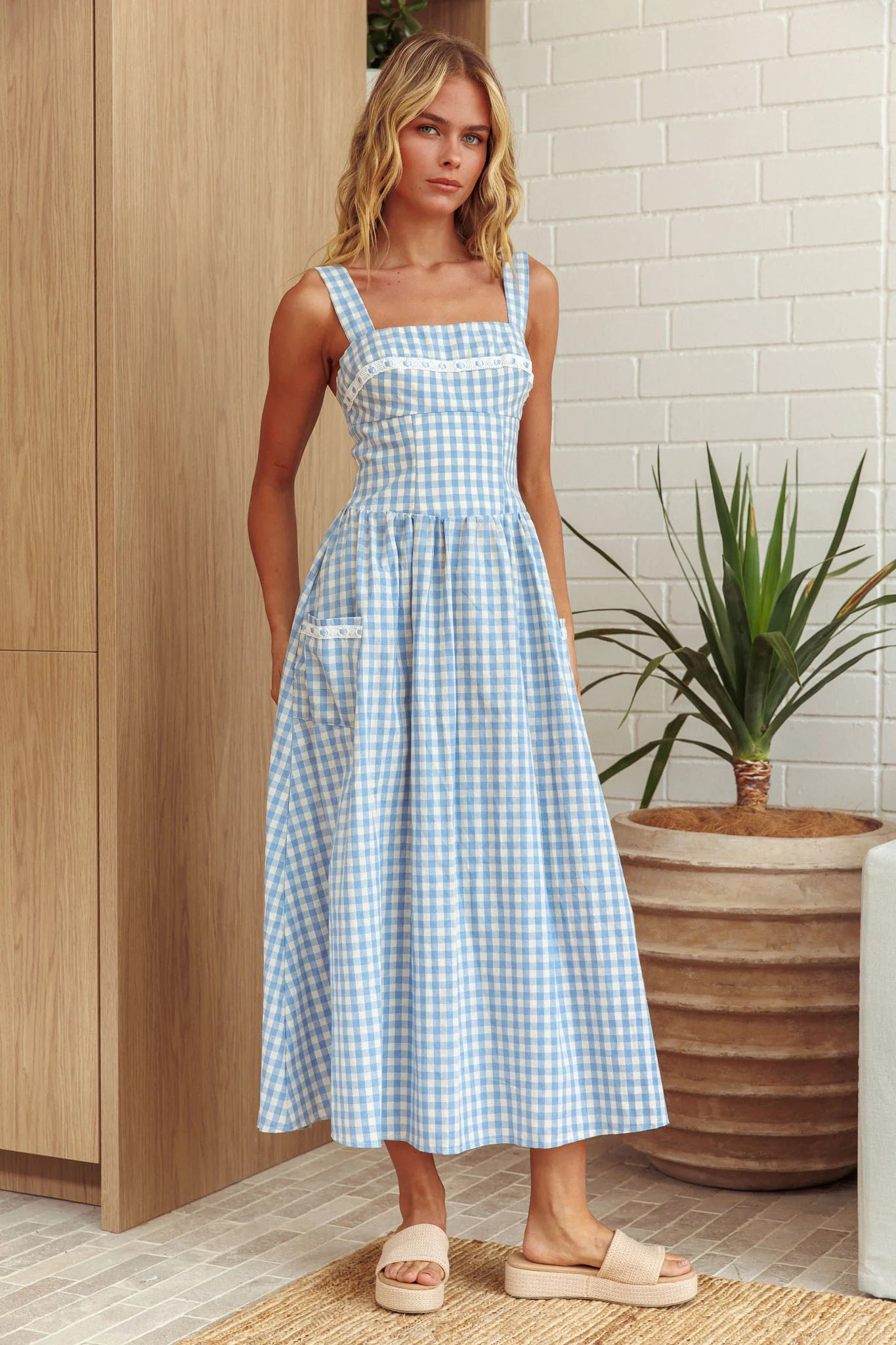 Elderflower Front Pocket Maxi Dress Gingham Baby Blue