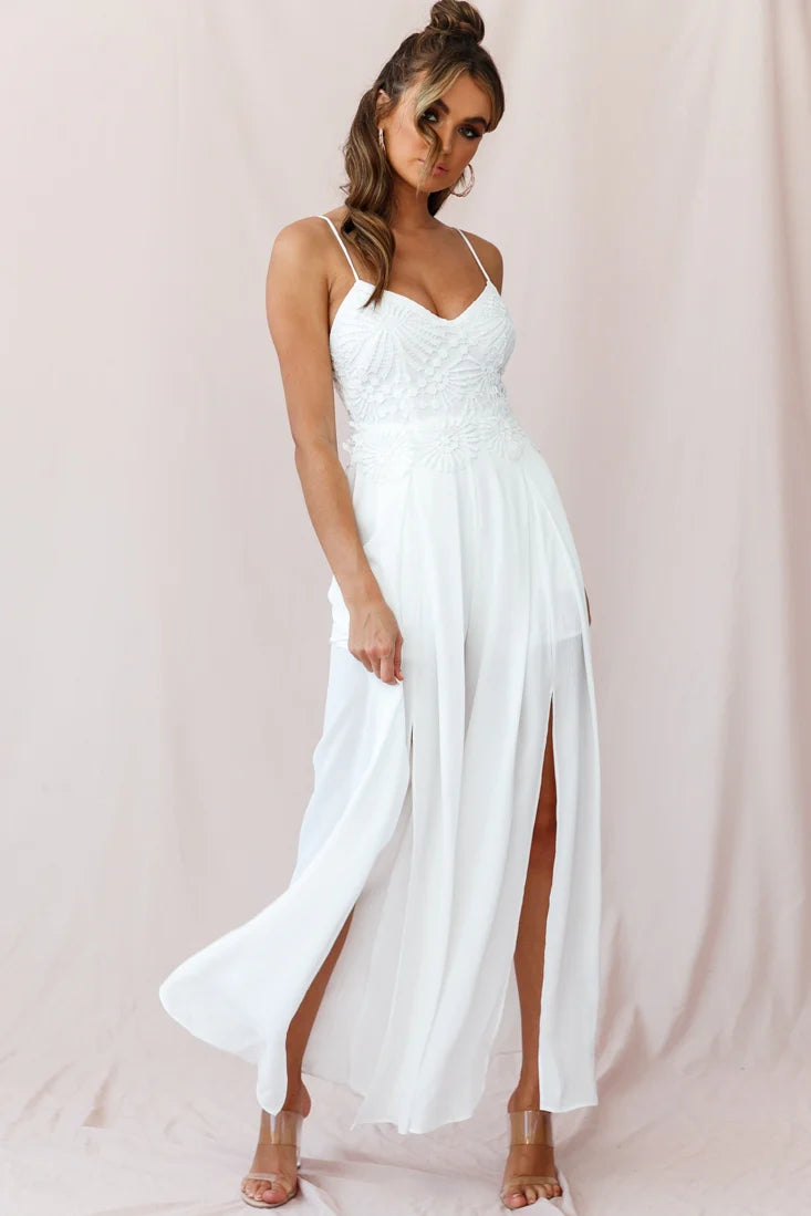 Ada Applique Embroidery Bust Wide Leg Jumpsuit White