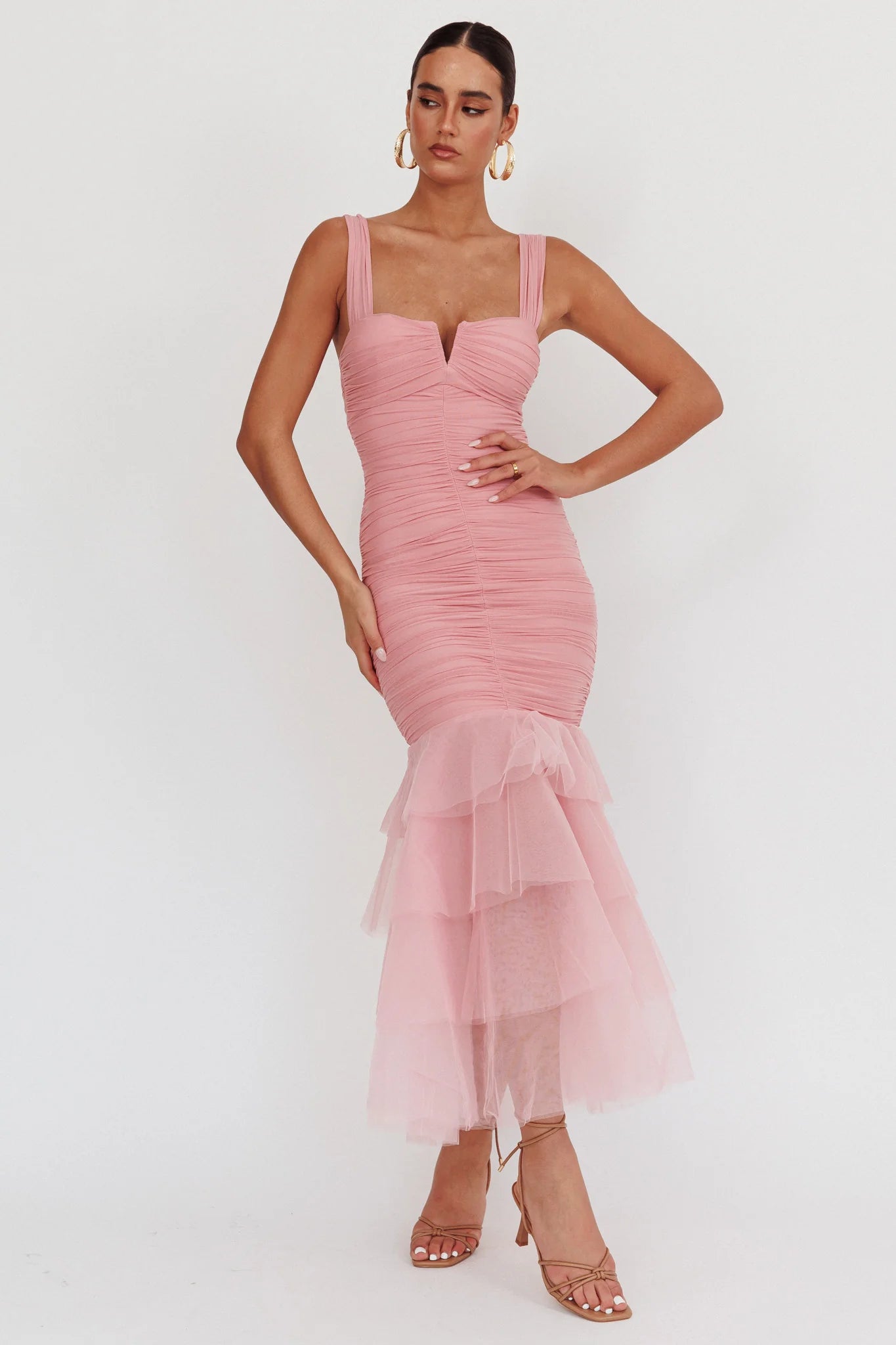 Nadia Tulle Hem Ruched Maxi Dress Pink