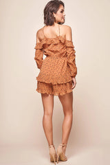 Agron Off-Shoulder Accordion Pleat Romper Mocha