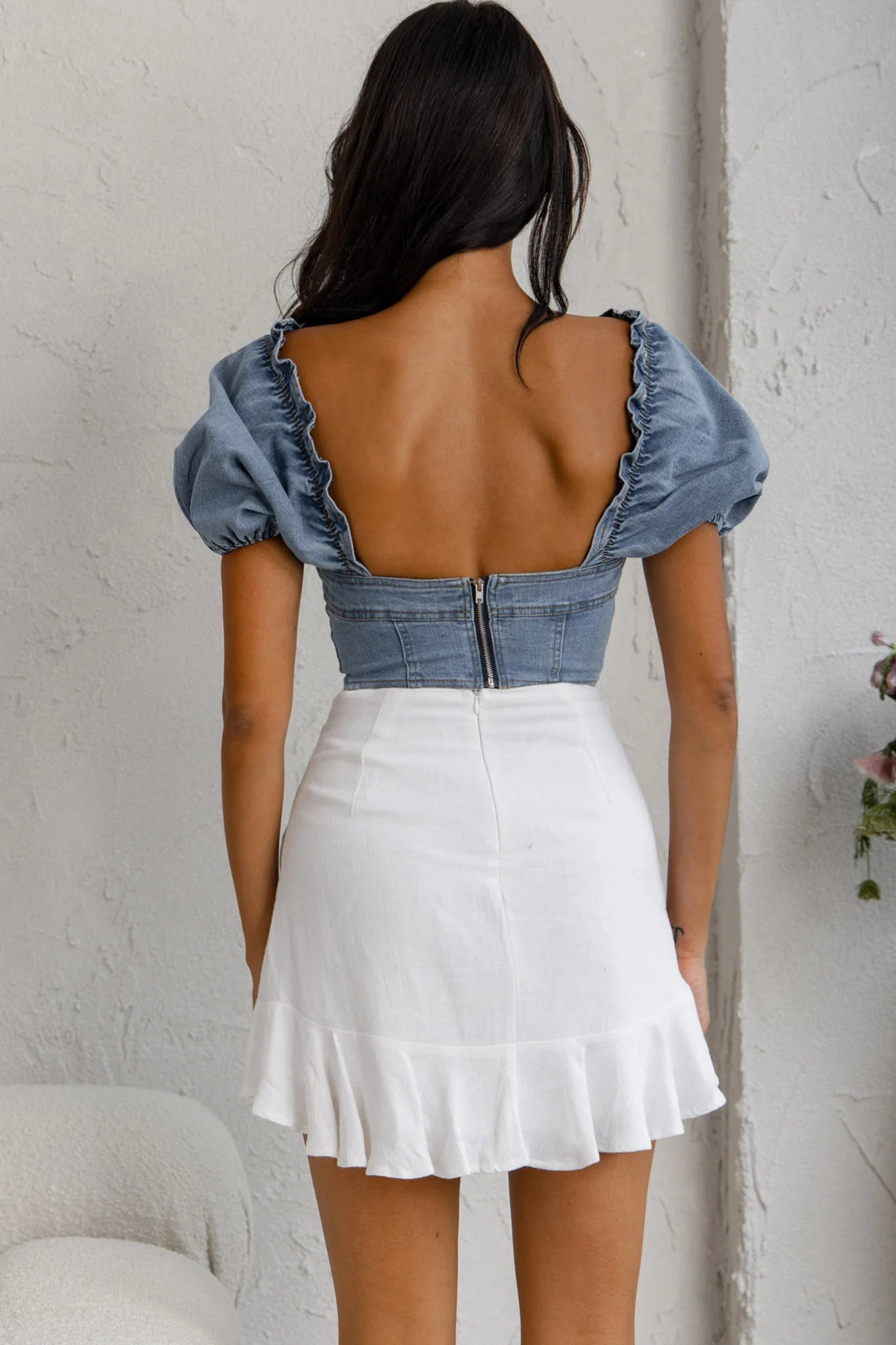 Cathlin Puff Sleeve Denim Crop Top Blue