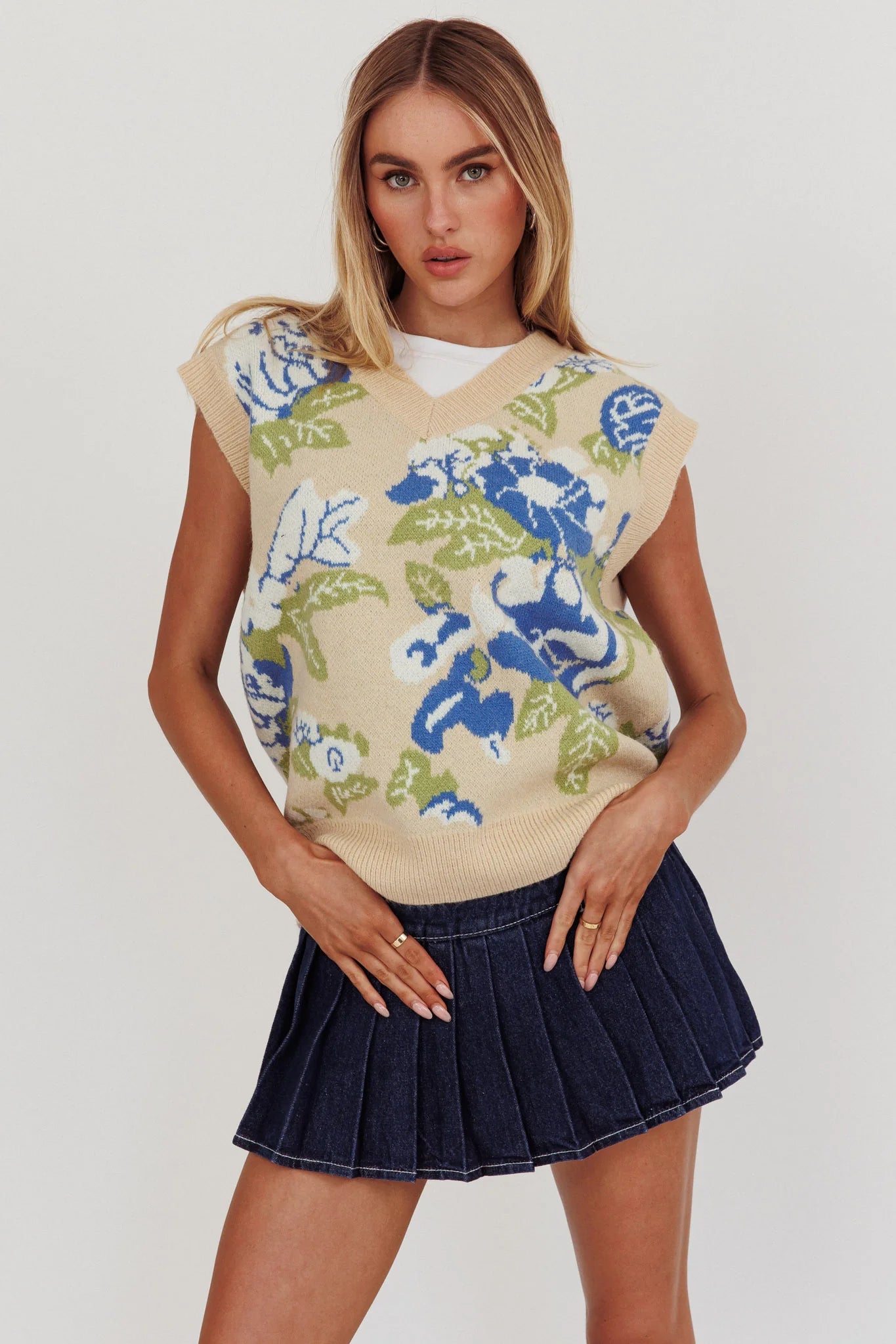 Crushing On You Sleeveless Floral Sweater Vest Taupe