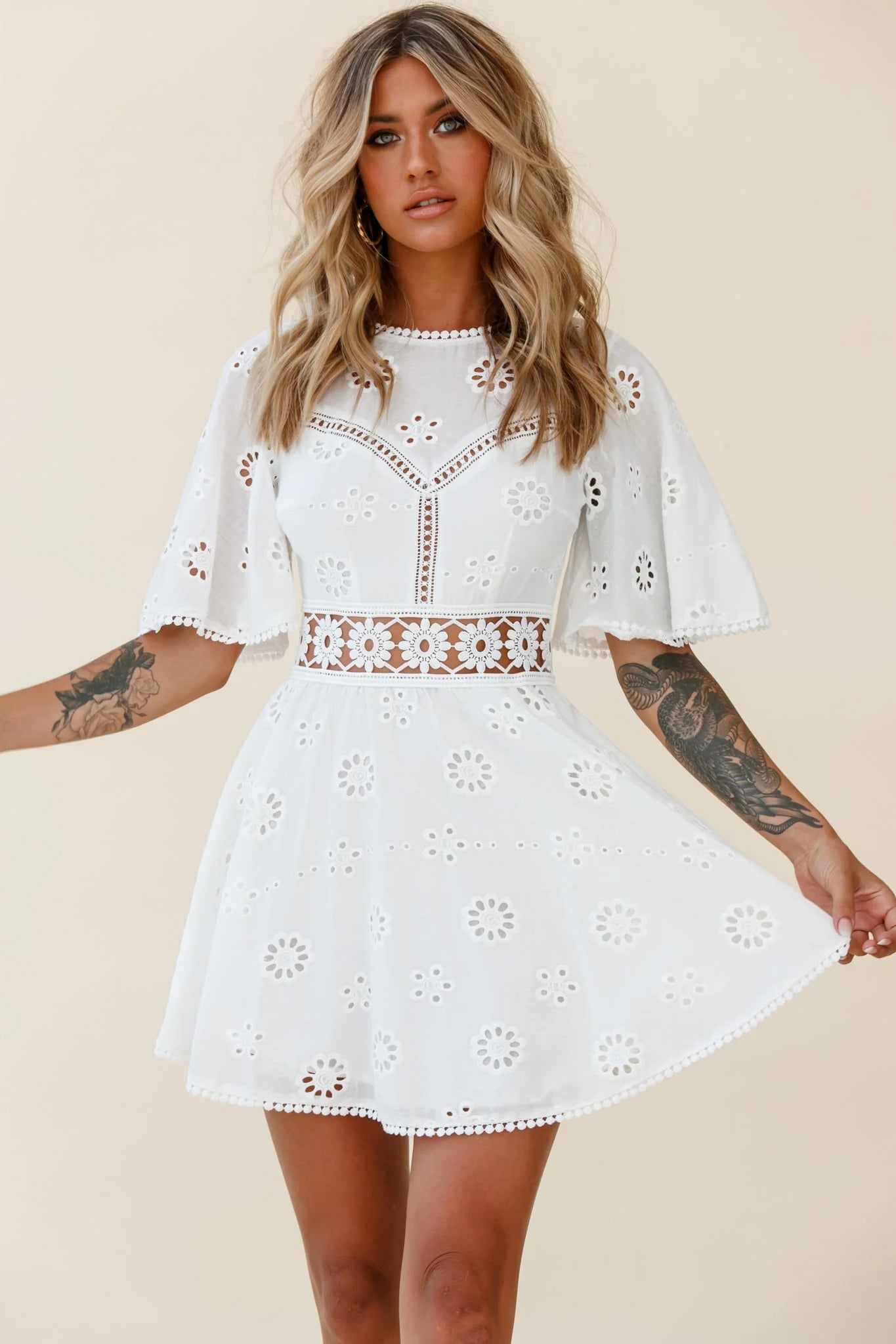 Anais Fluted Sleeve Exposed Back Broderie Anglaise Dress White