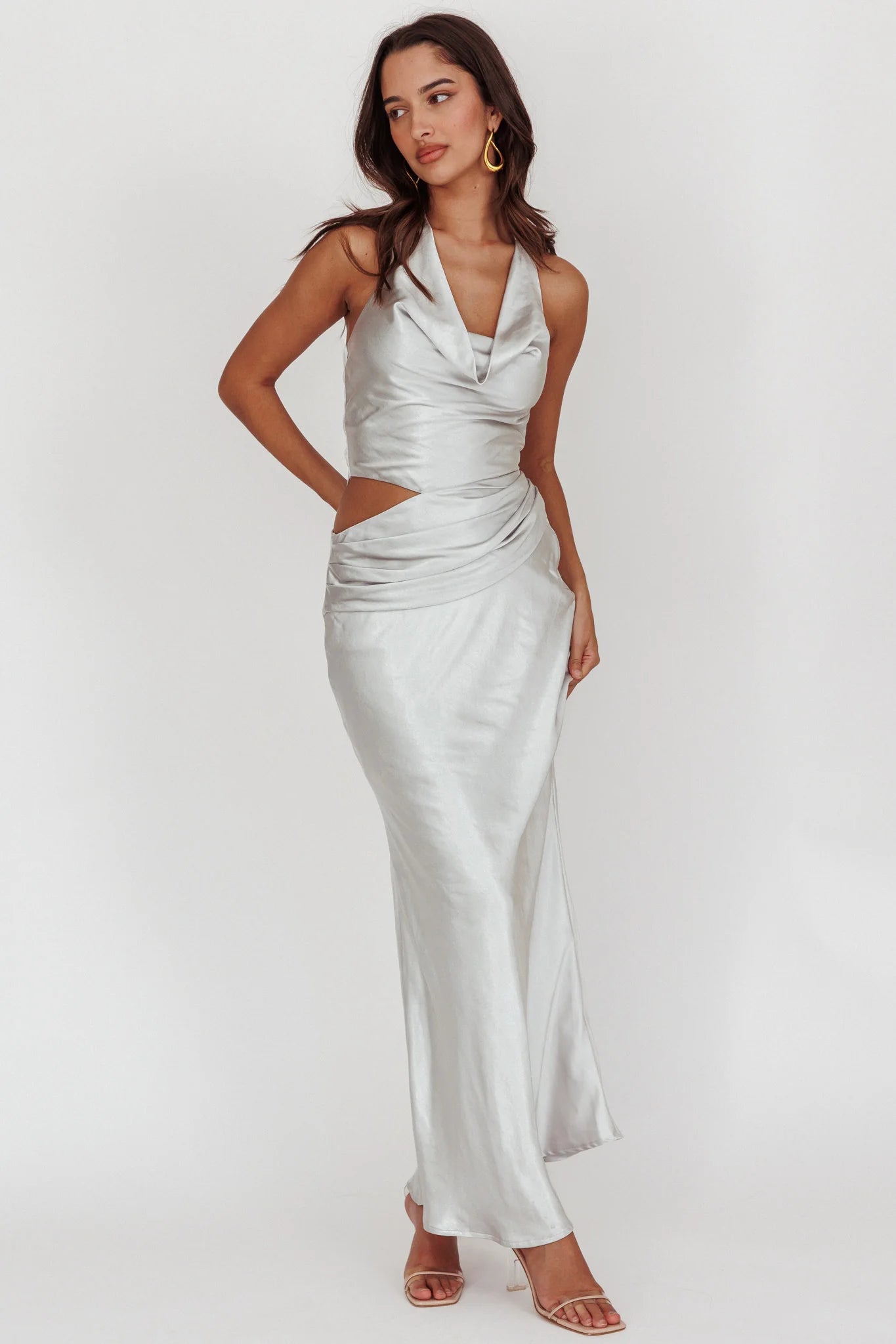 Cassiopeia Cowl Halter Neck Cut Out Maxi Dress Opal