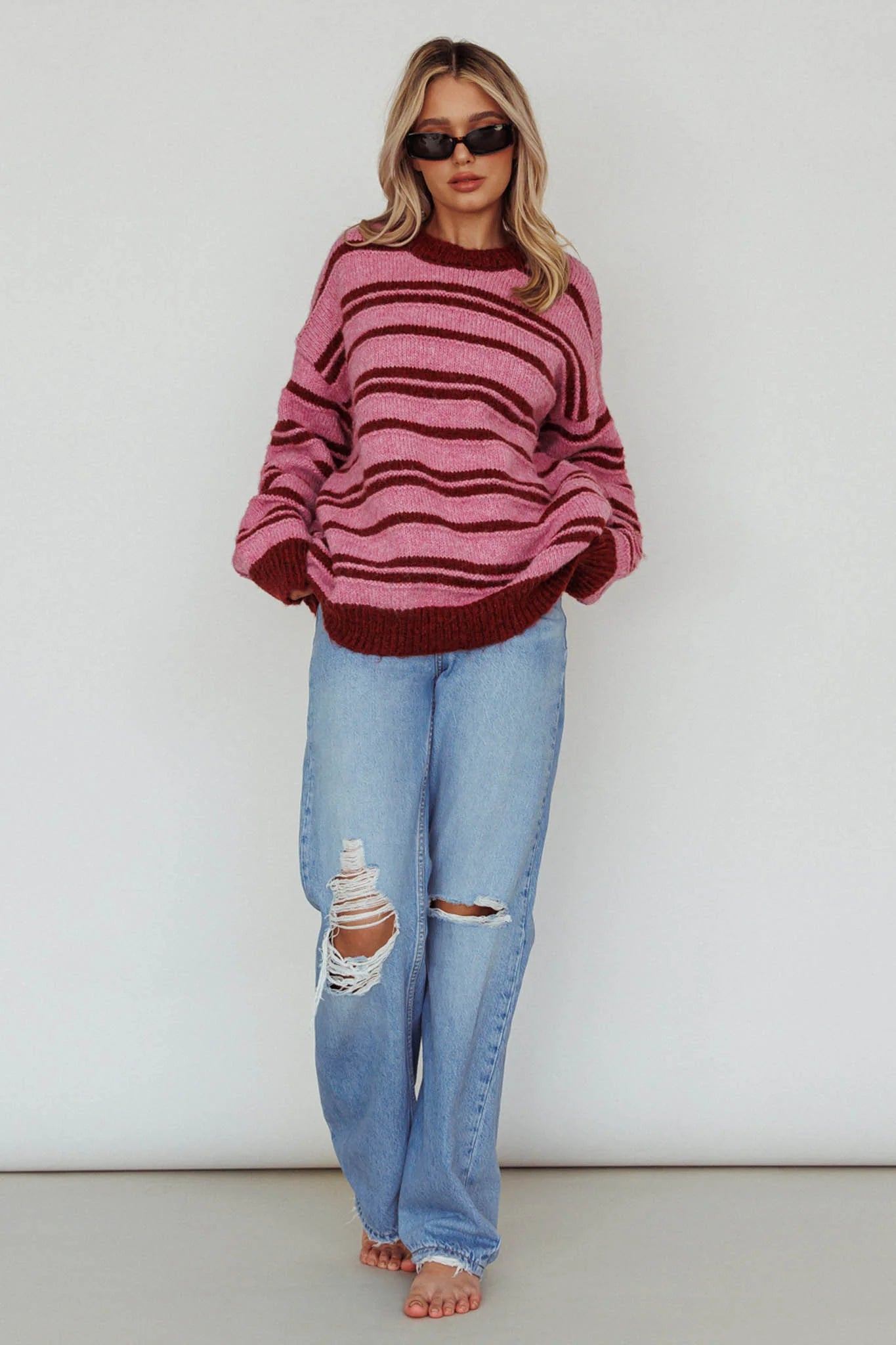 Jona Relaxed Knit Sweater Striped Pink