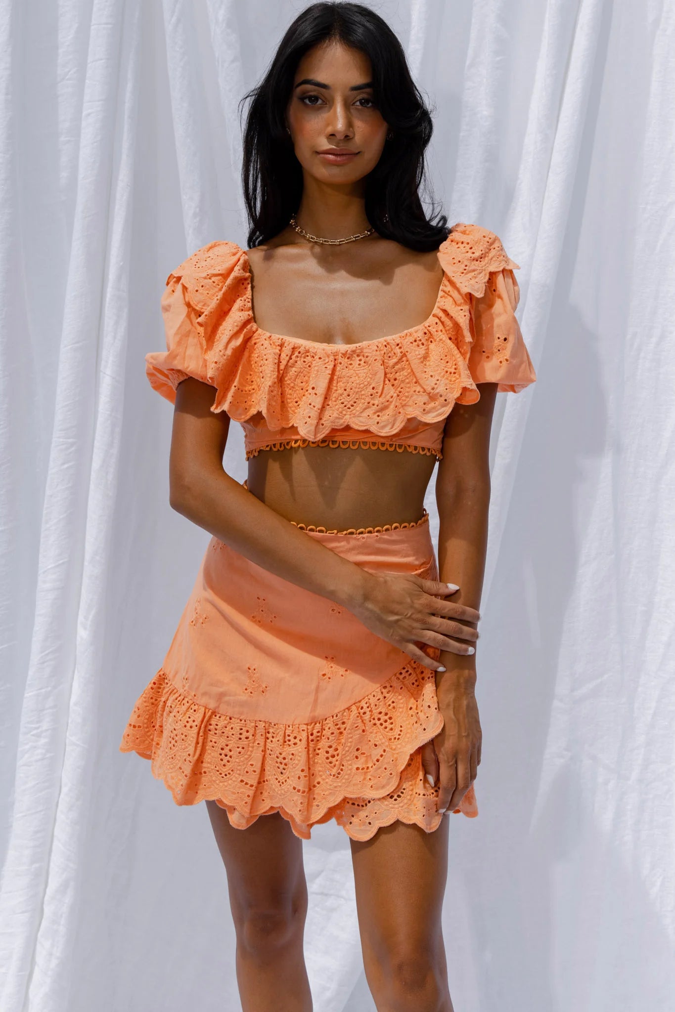 New Moon Ruffle Trim Puff Sleeve Eyelet Crop Top Orange