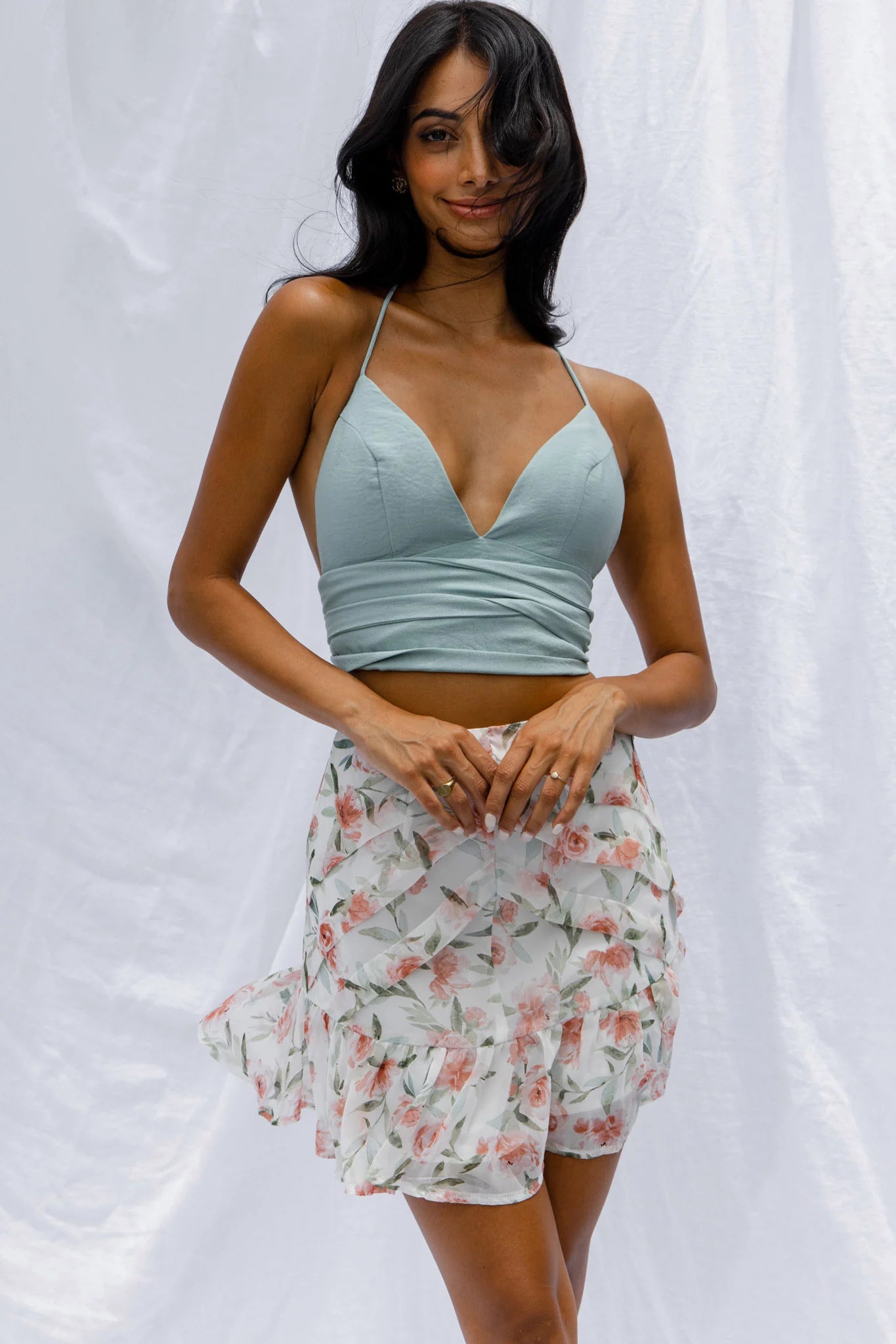 Starshine Halterneck Waist Tie Crop Top Hot Sage