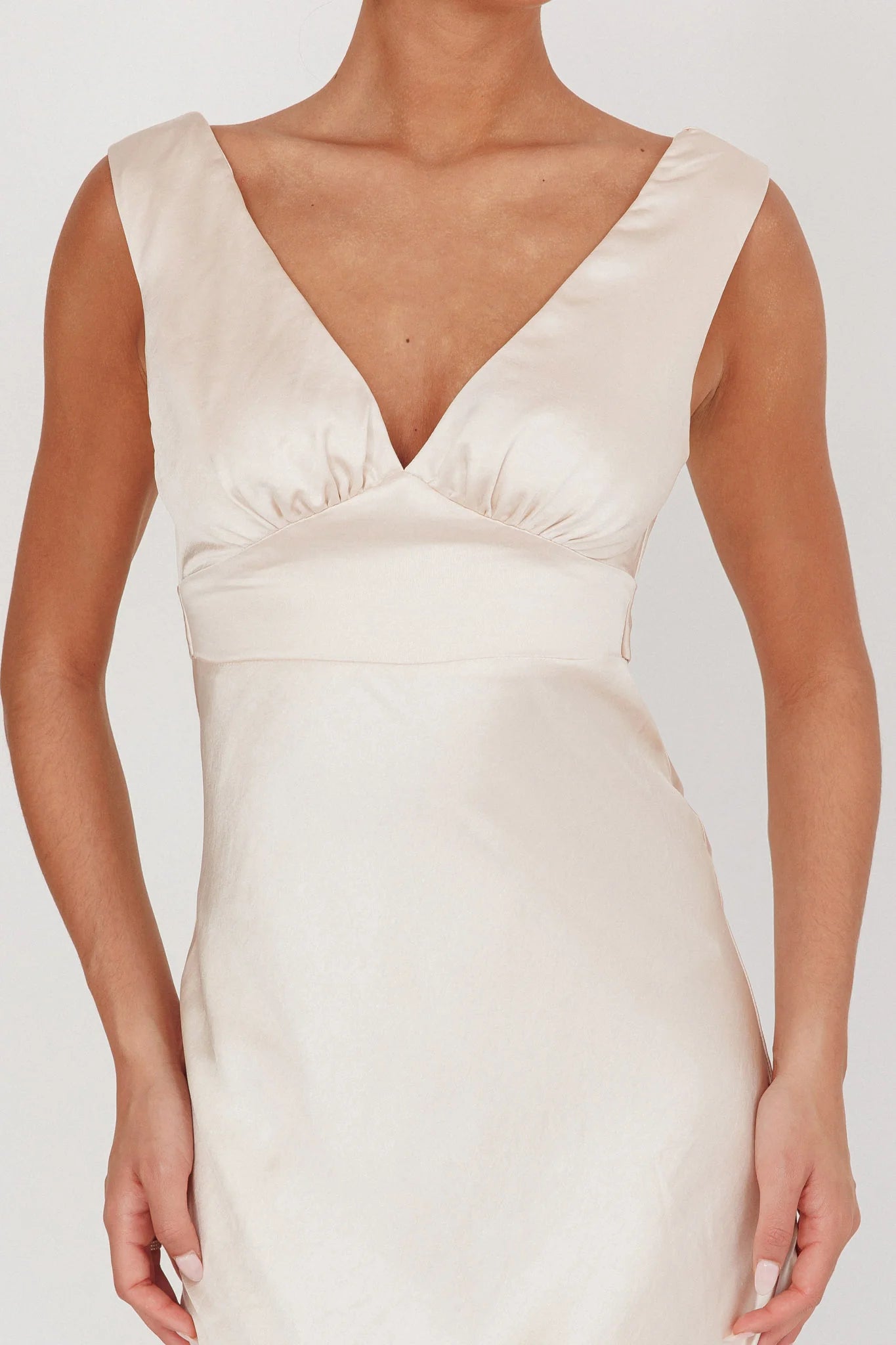 Leila V-Neck Low Back Satin Midi Dress Ivory