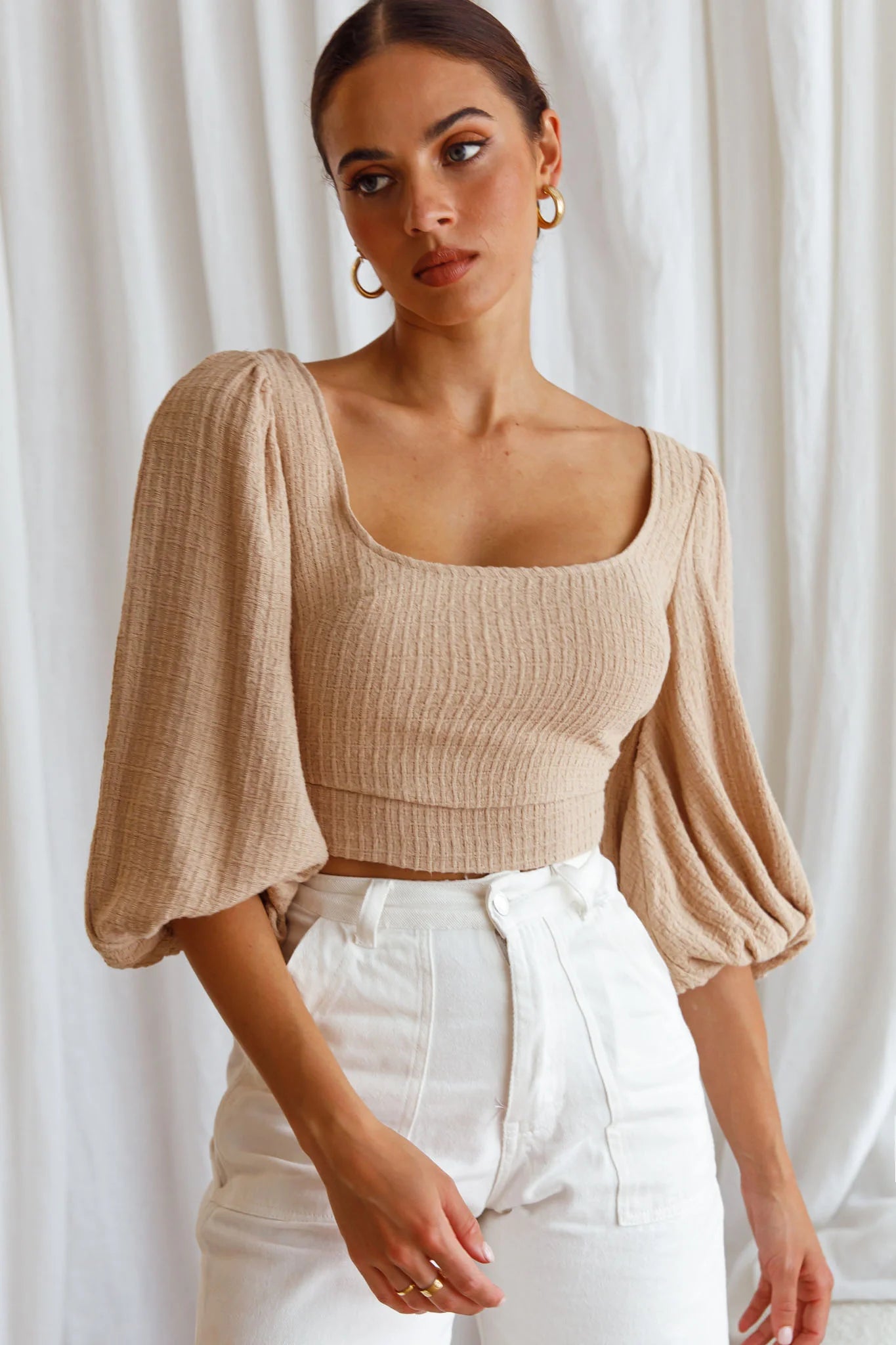 Love Like This Balloon Sleeve Open Back Crop Top Textured Beige