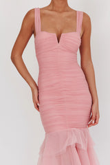 Nadia Tulle Hem Ruched Maxi Dress Pink