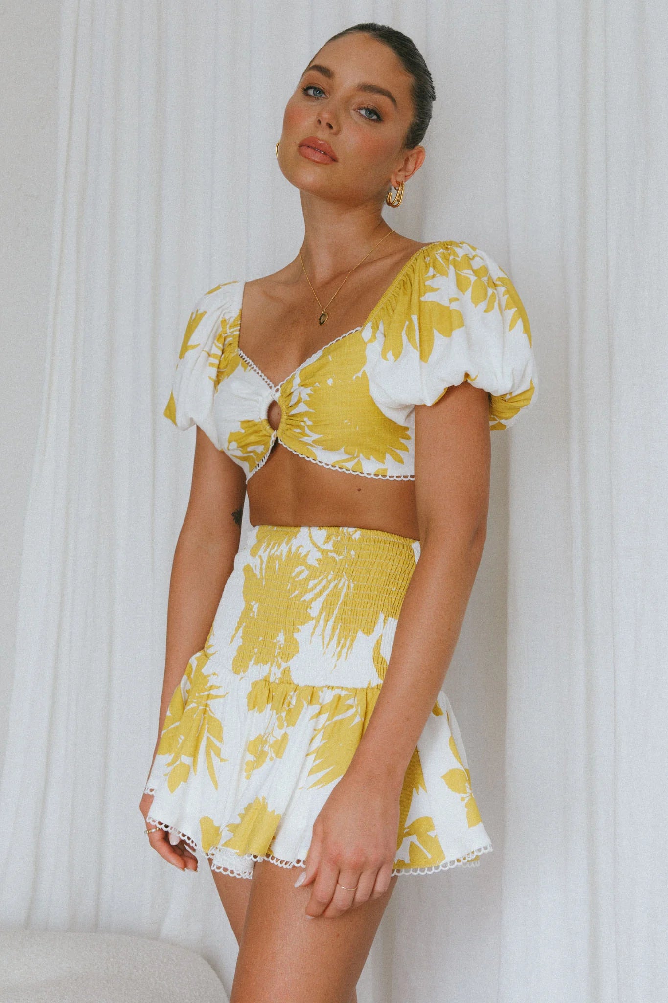 Escape With Me Tied Back Crop Top Printed Mustard
