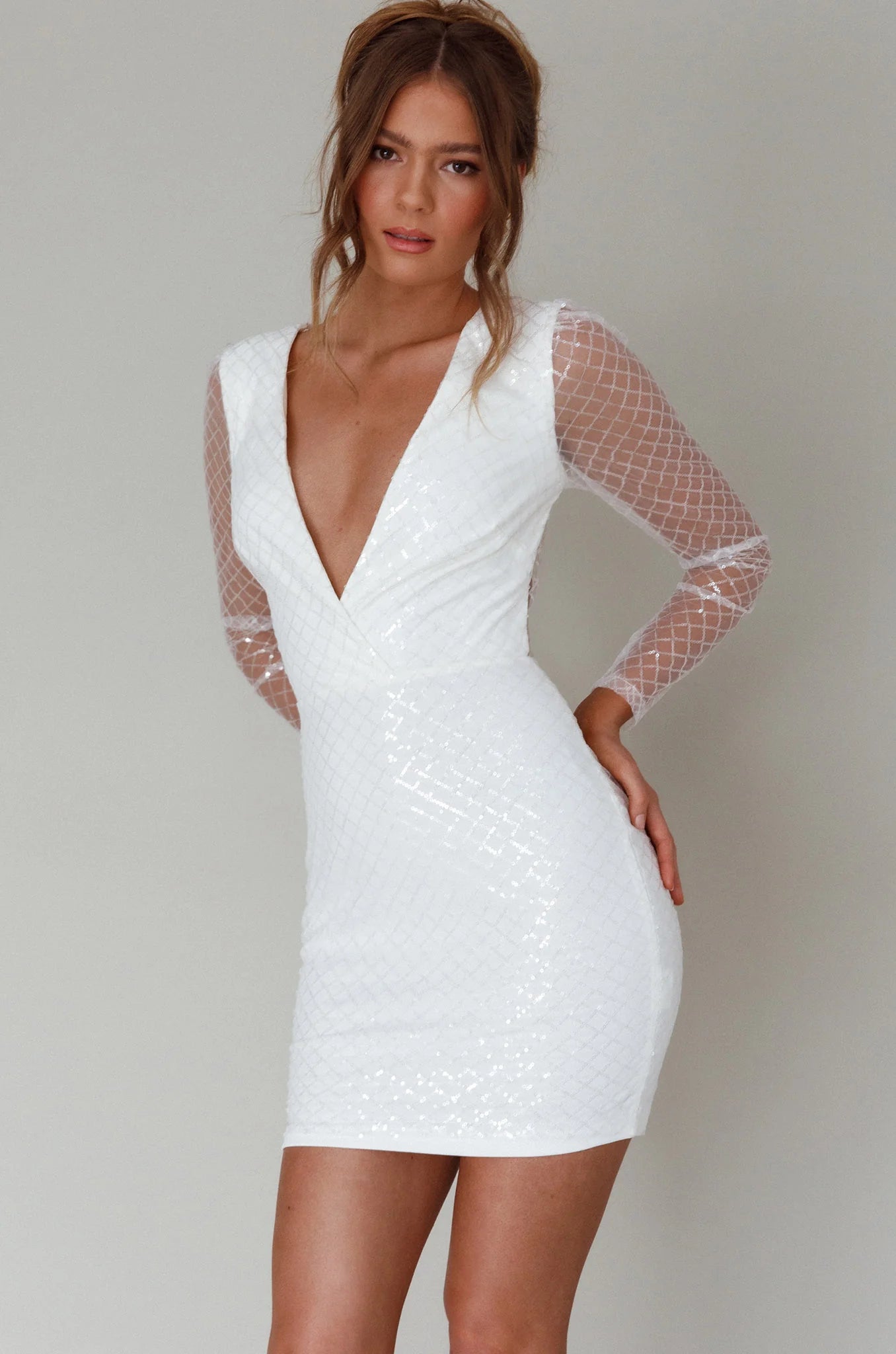 Juno Plunging Neckline Sequin Mini Dress White