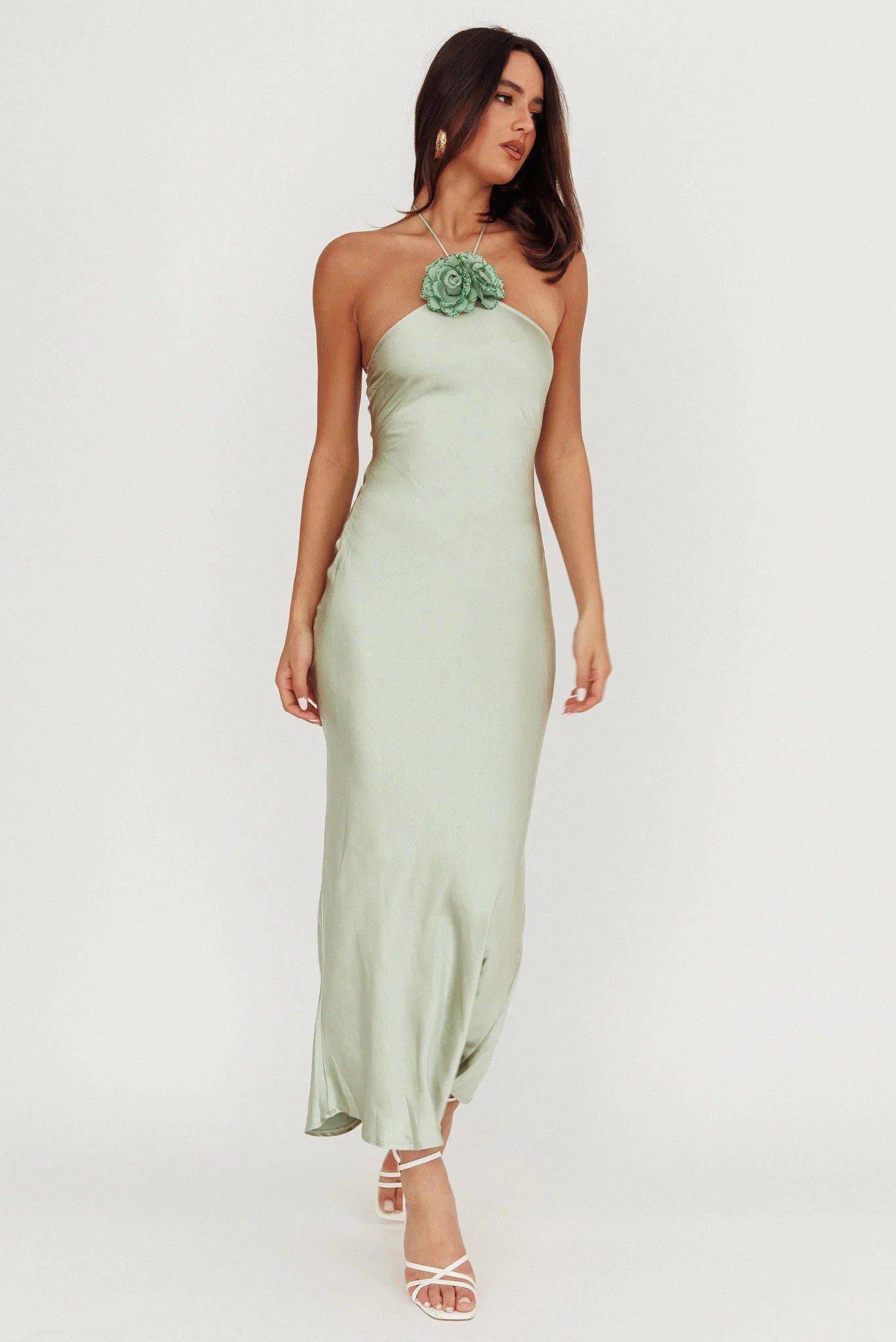 High Roller Flower Decoration Halter Dress Sage