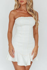 Cathlin Strapless Ruffle Hem Dress White