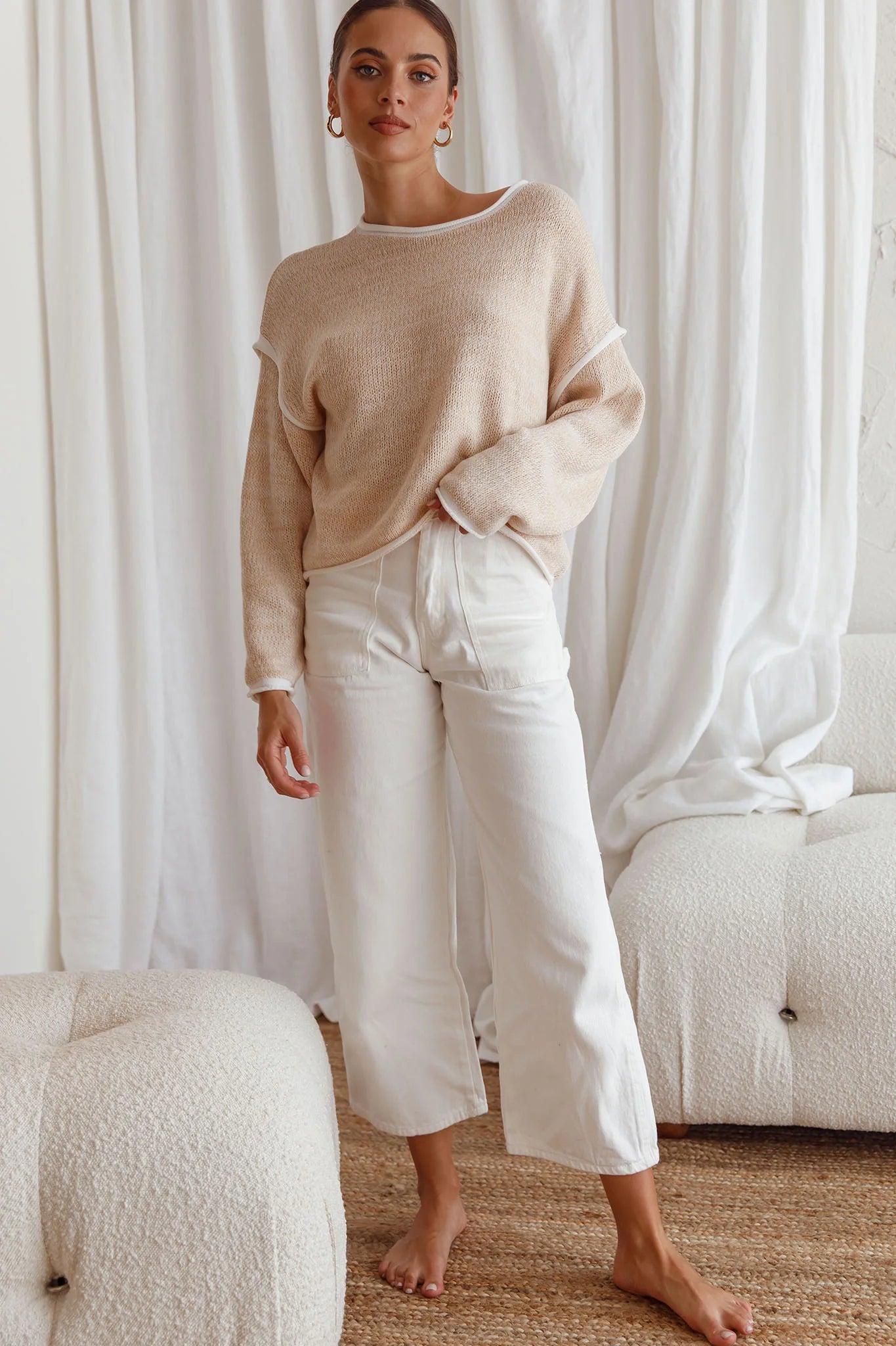 Sitting Pretty Drop Sleeve White Trim Knit Sweater Stone