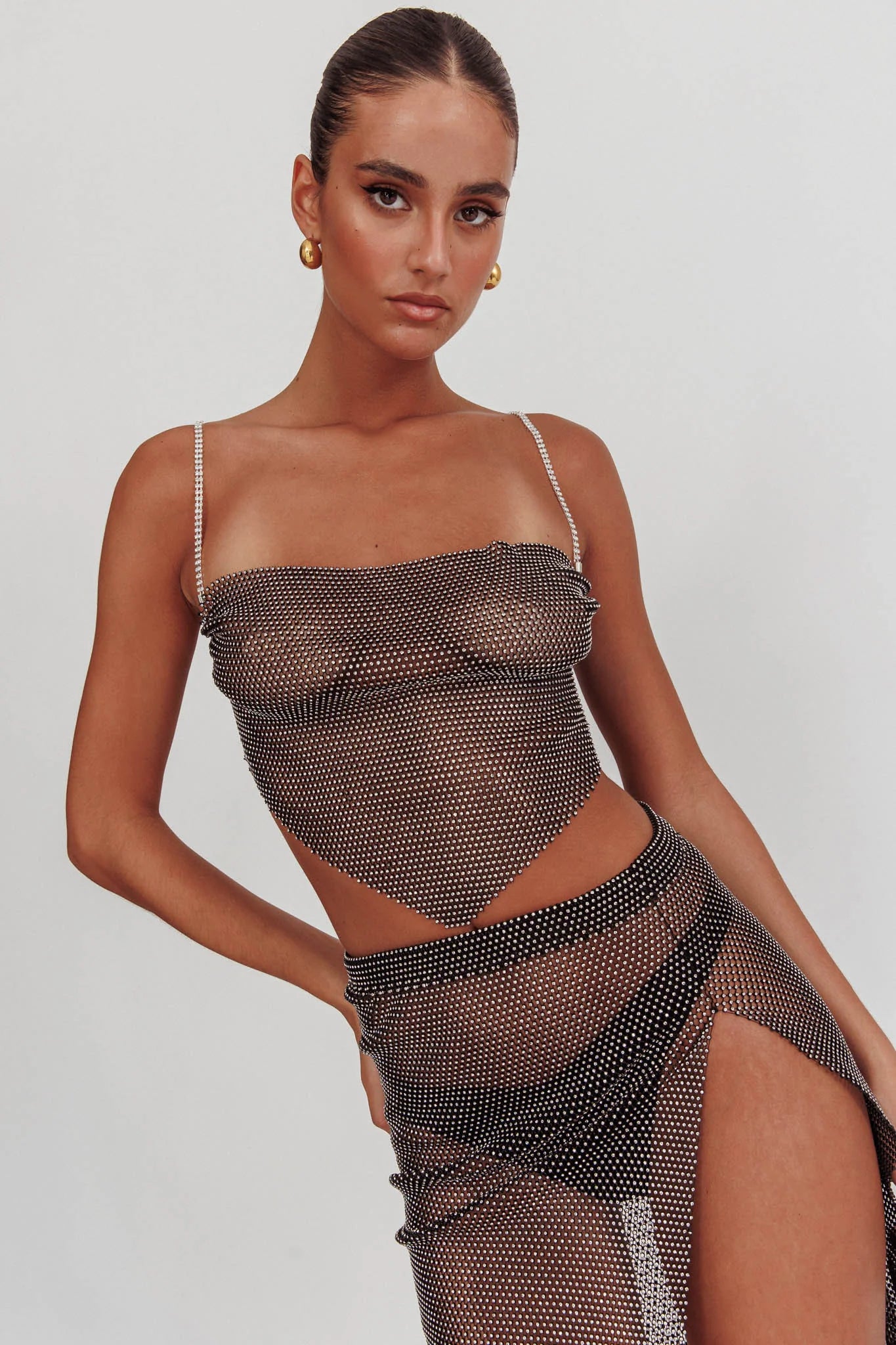 Eden Nights Diamante Mesh Top Black