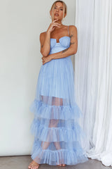 Moonlight Sonata Ruffle Mesh Maxi Dress Sky Blue
