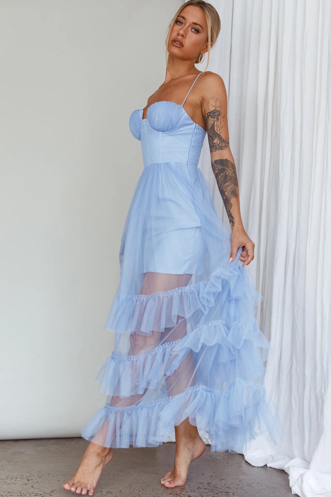 Moonlight Sonata Ruffle Mesh Maxi Dress Sky Blue