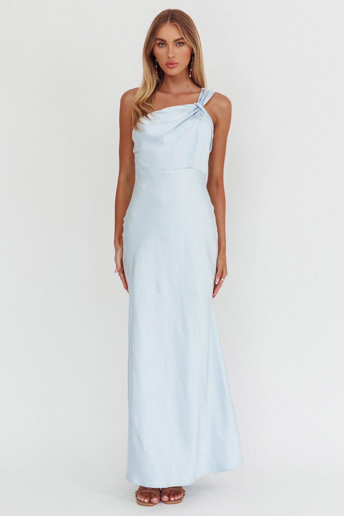 Fly Love Satin One Shoulder Maxi Dress Sky Blue