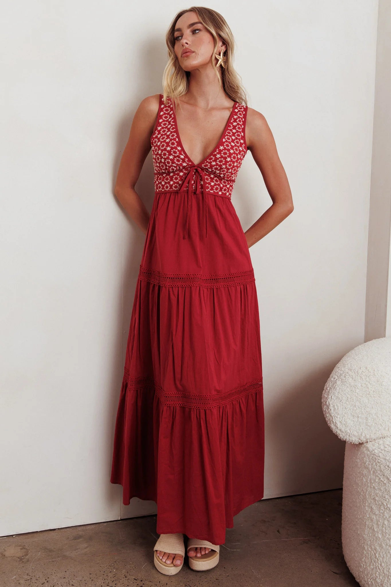 Joycelin V-Neck Eyelet Maxi Dress Red