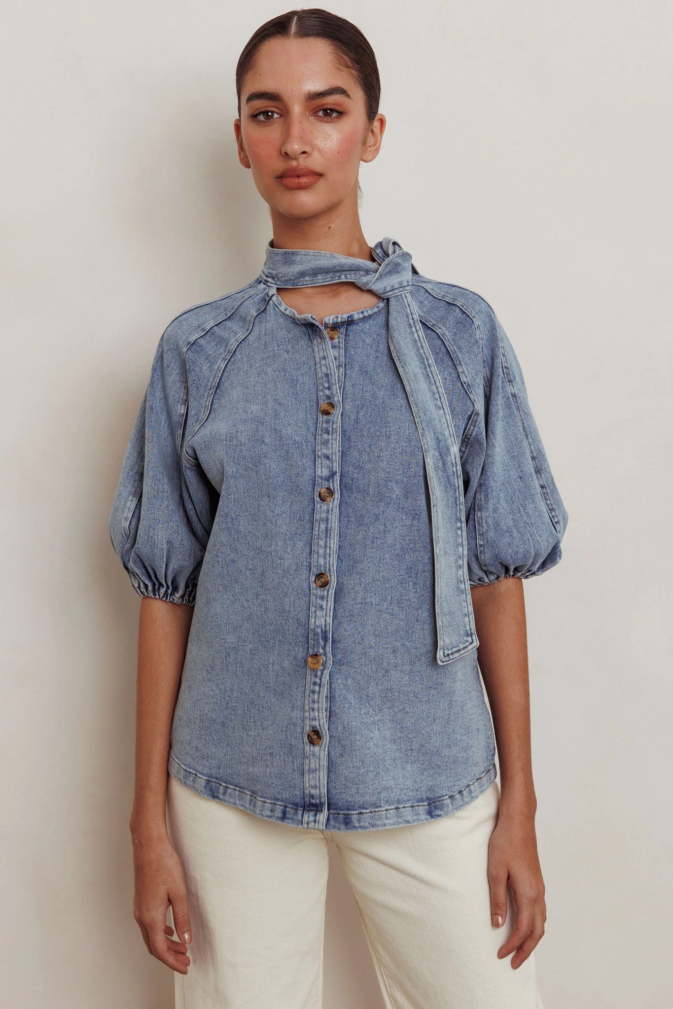 Notice Me Puff Sleeve Neck Bow Top Denim Blue