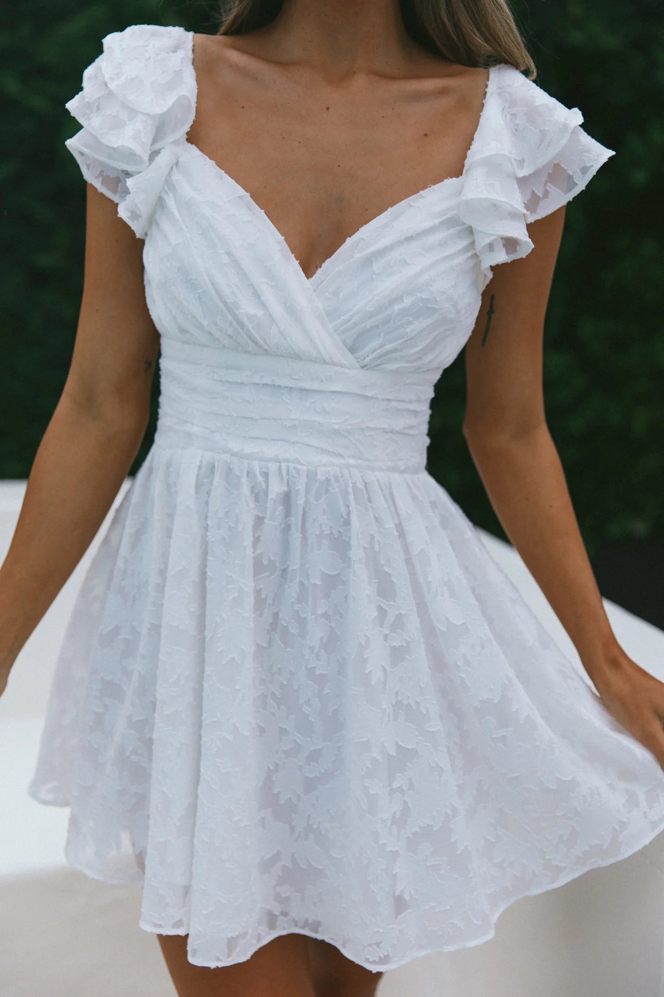 Lola Ruffle Shoulder Ruched Dress Textured White