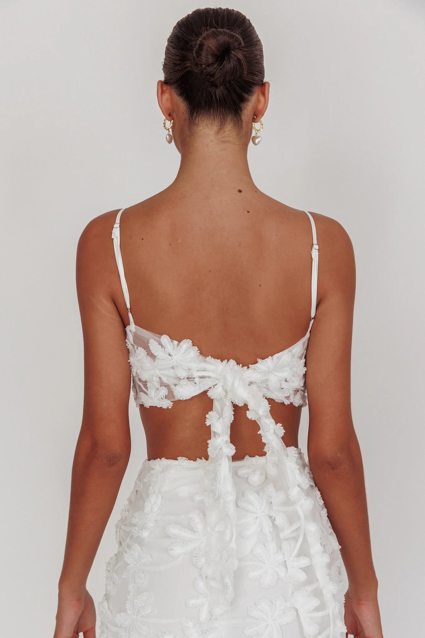 Casi Tied Back Crop Top Embroidered White