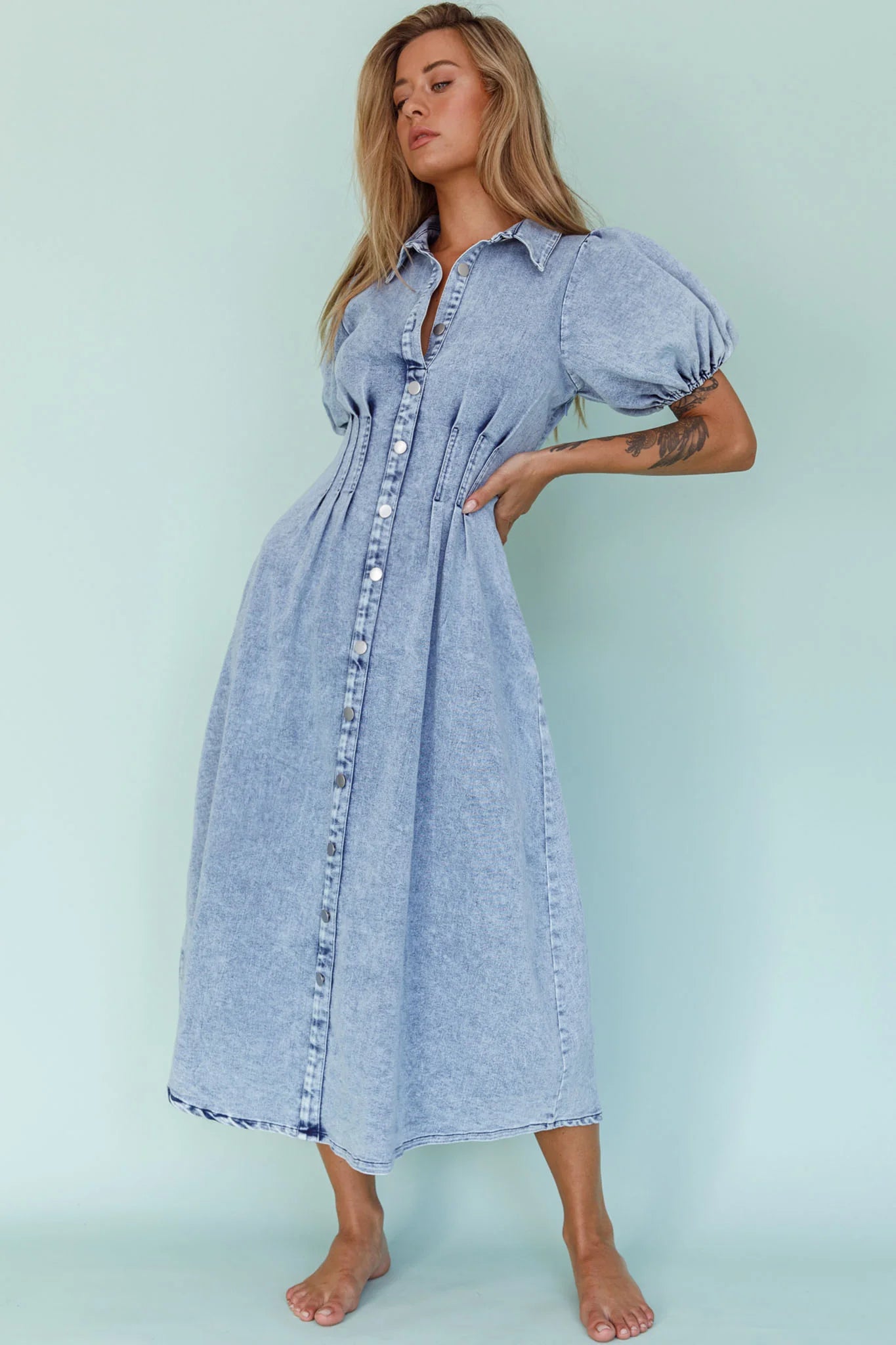 Zurich Pleated Waist Midi Dress Denim Blue